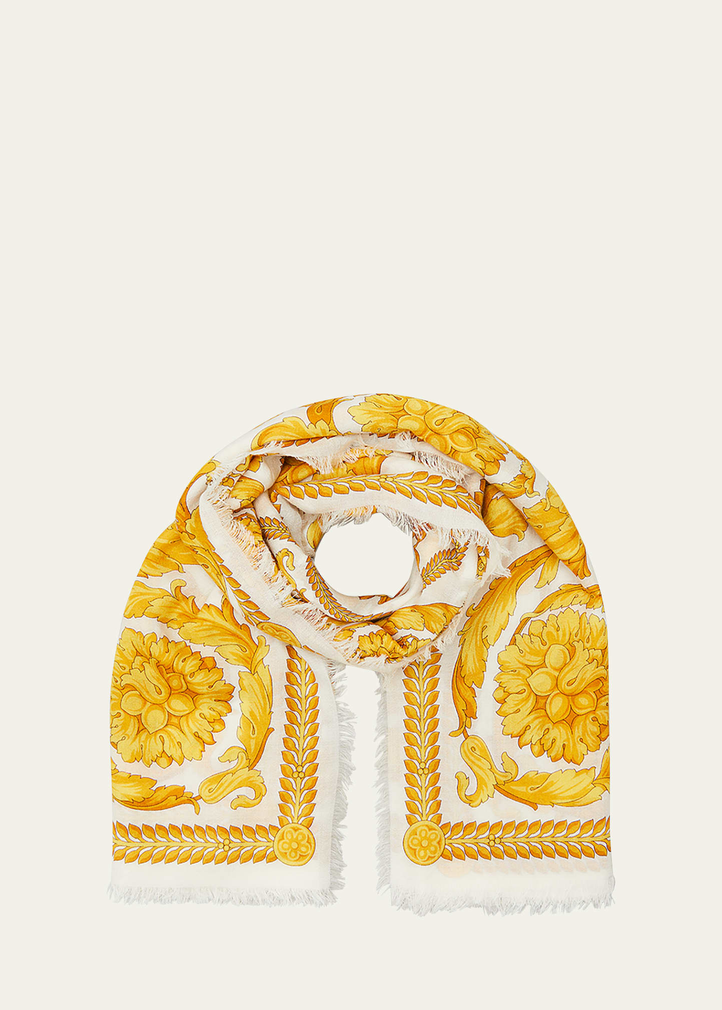 Versace Barocco-print Cashmere-blend Scarf In White Gold