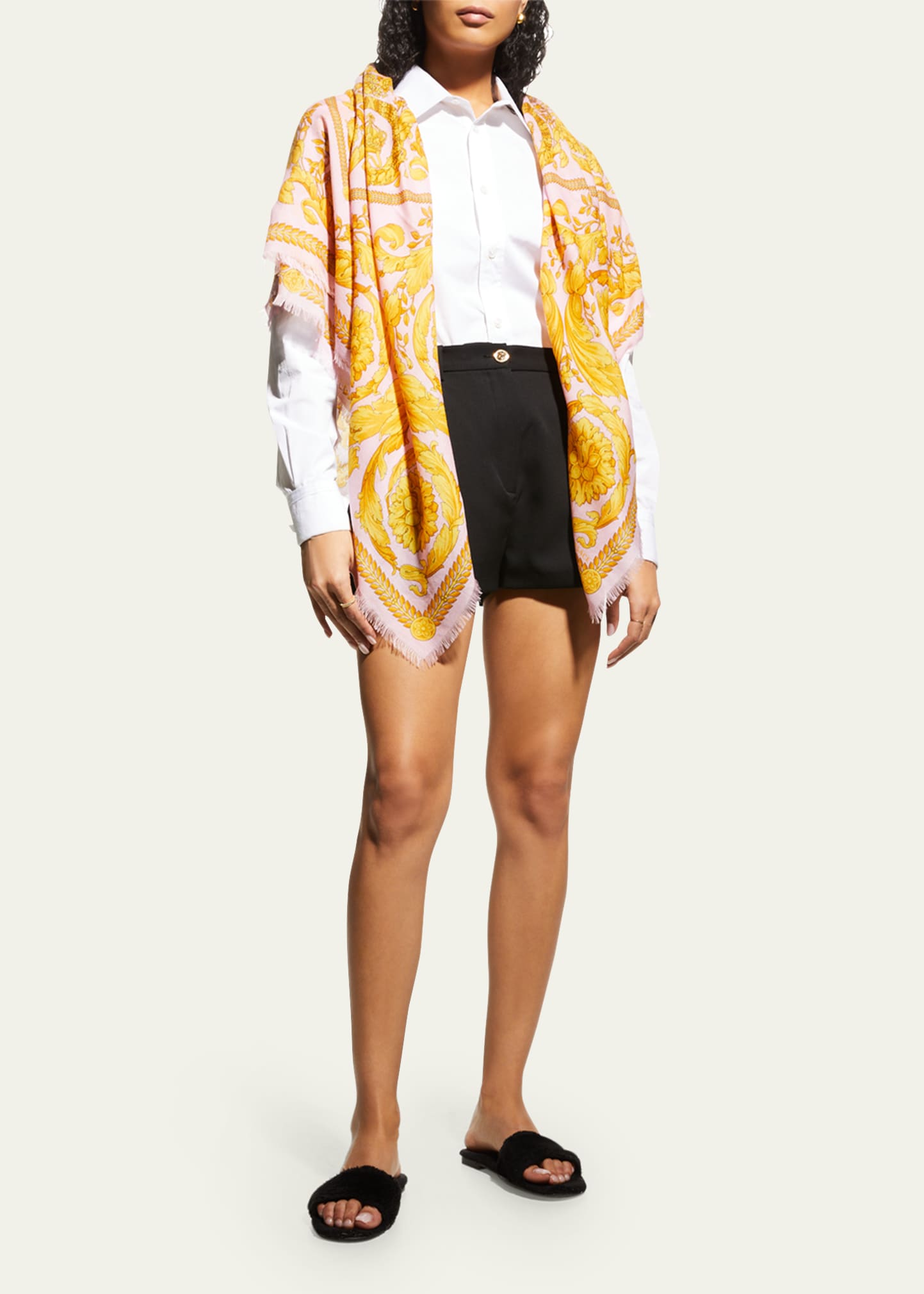 Versace Barocco-print Cashmere-blend Scarf In Pink Gold
