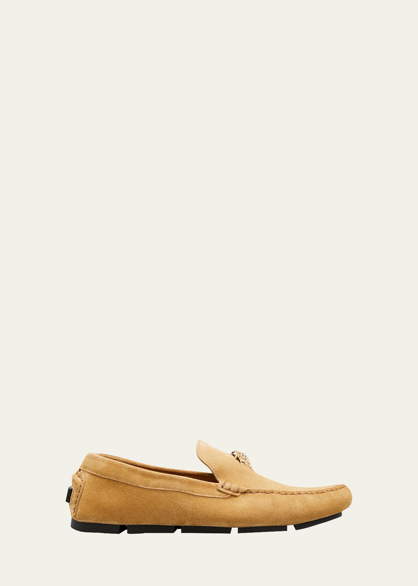 Versace Men's Medusa Head Suede Drivers In Sand- Gold