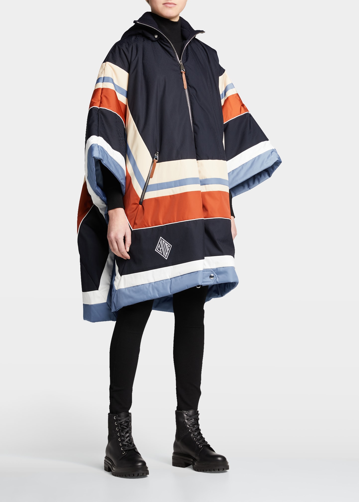Fusalp Stripe Quilted Poncho W/ Removable Hood In Iconic Navy