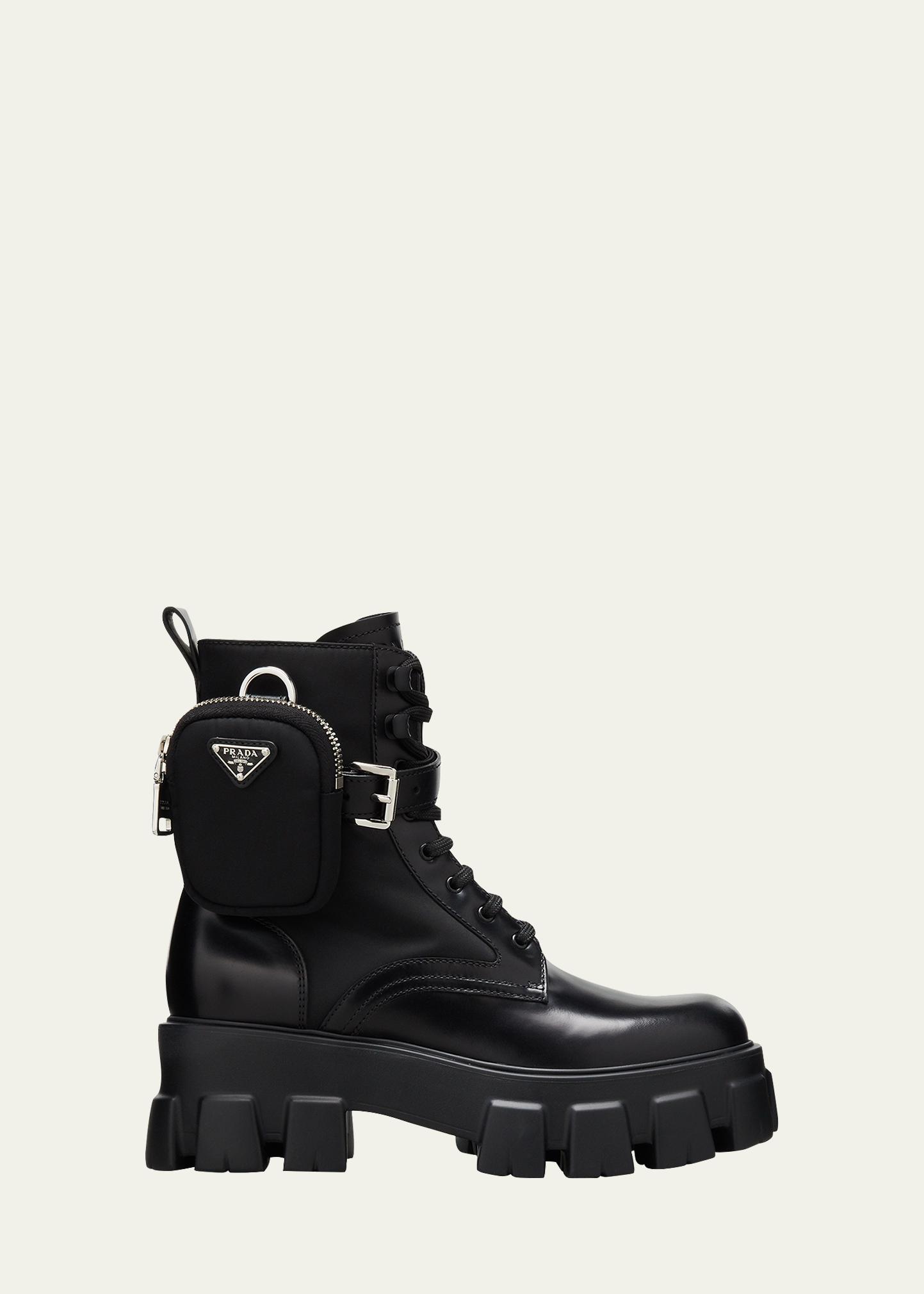 Prada Spazzolato Leather Rois Re-nylon Metal Triangle Logo Monolith Pouch  Pocket 55mm Boot (authent In Black