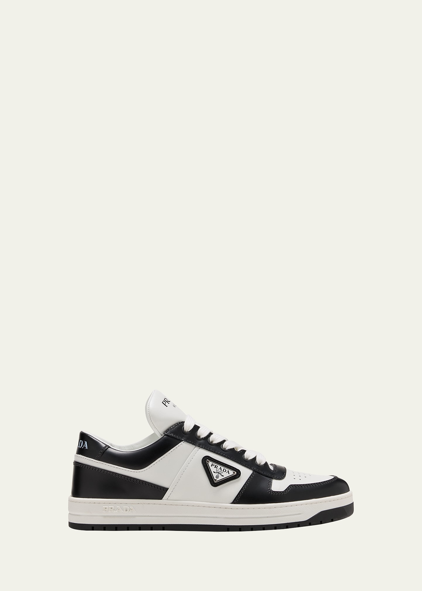 Shop Prada Bicolor Leather Low-top Court Sneakers In White/black