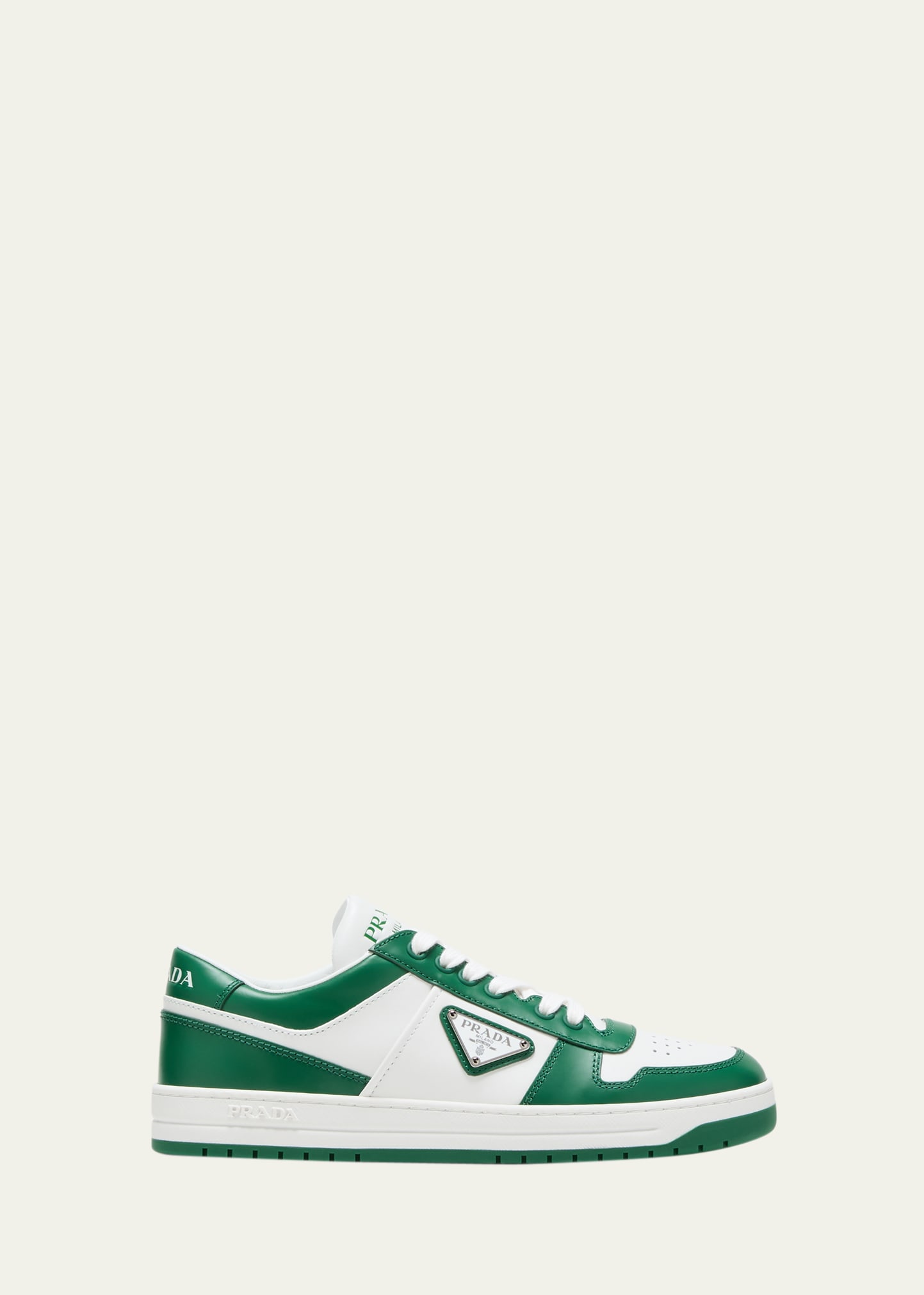 Prada Downtown Leather Sneakers In White/green