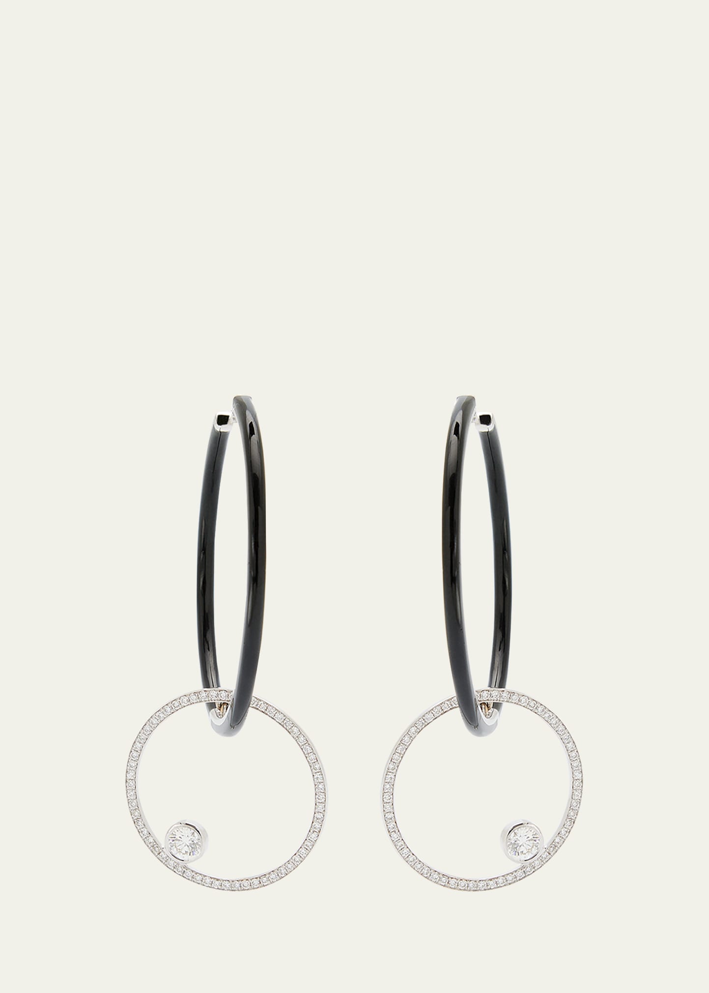 Oui Black Enamel Hoop Earrings with Pave Ring and Round Diamonds