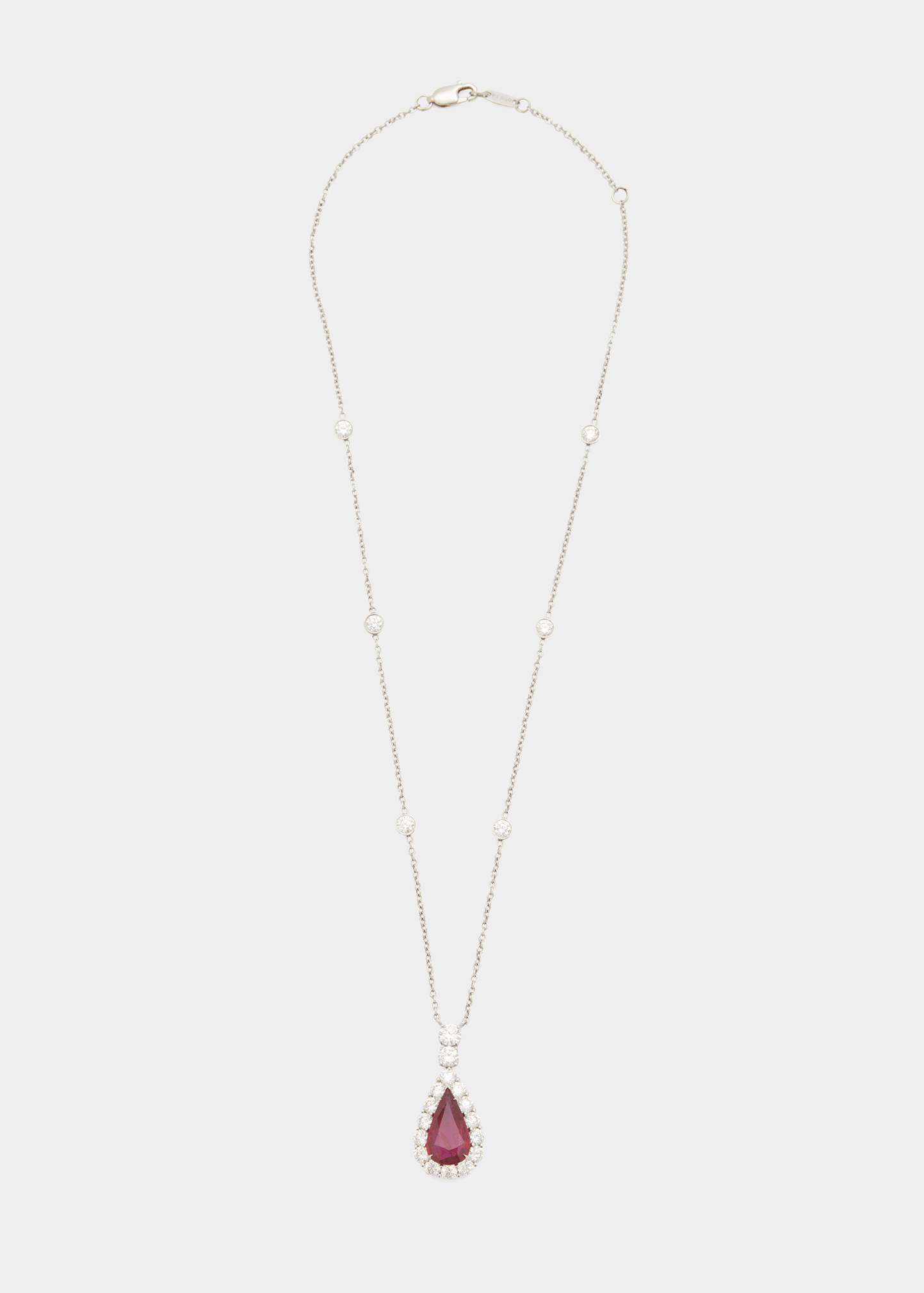 Bayco Platinum Pear-Shaped Natural Pigeon's Blood Ruby and Diamond Pendant Necklace