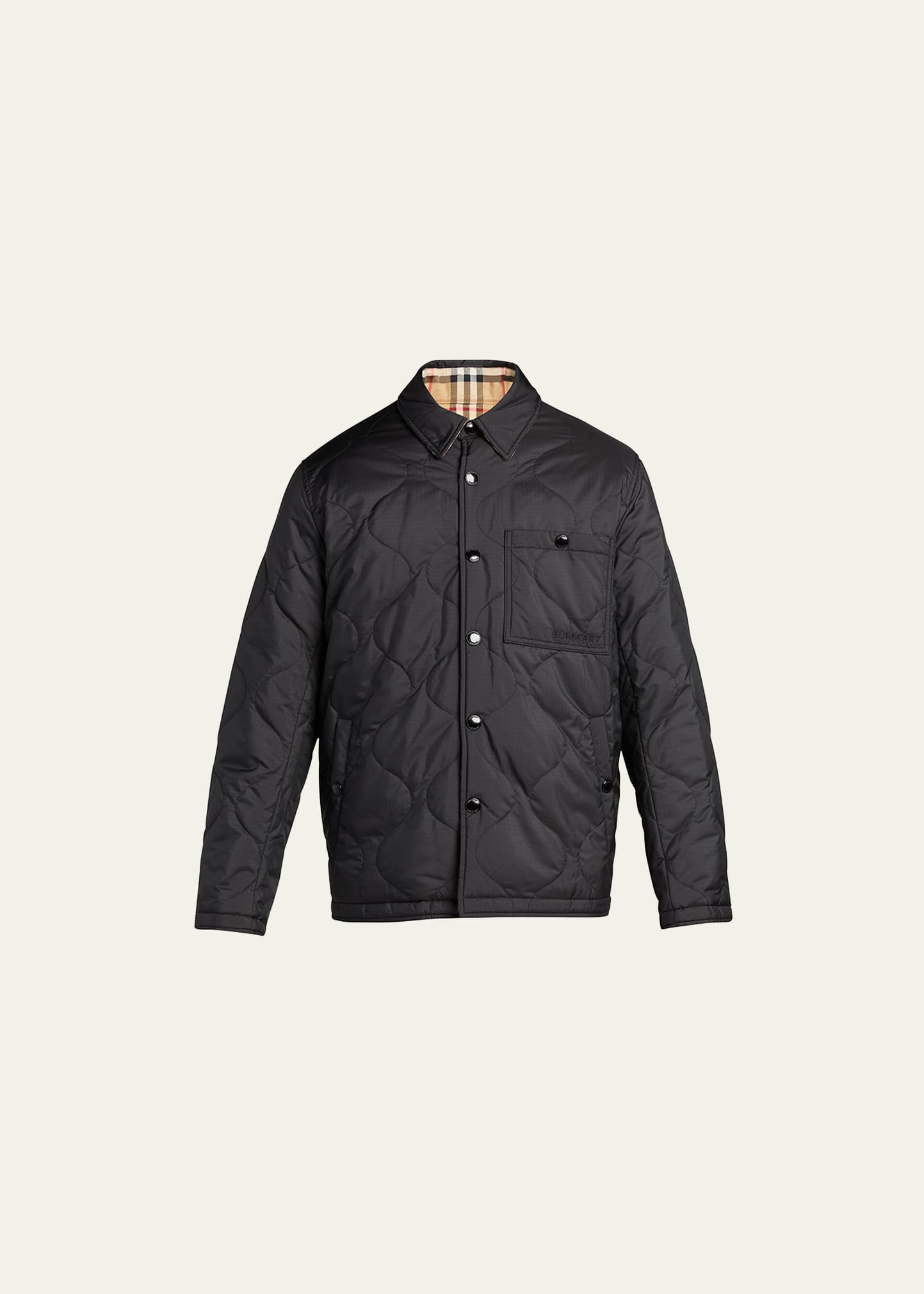 Shop Burberry Men's Francis Reversible Check Thermoregulated Overshirt In Black