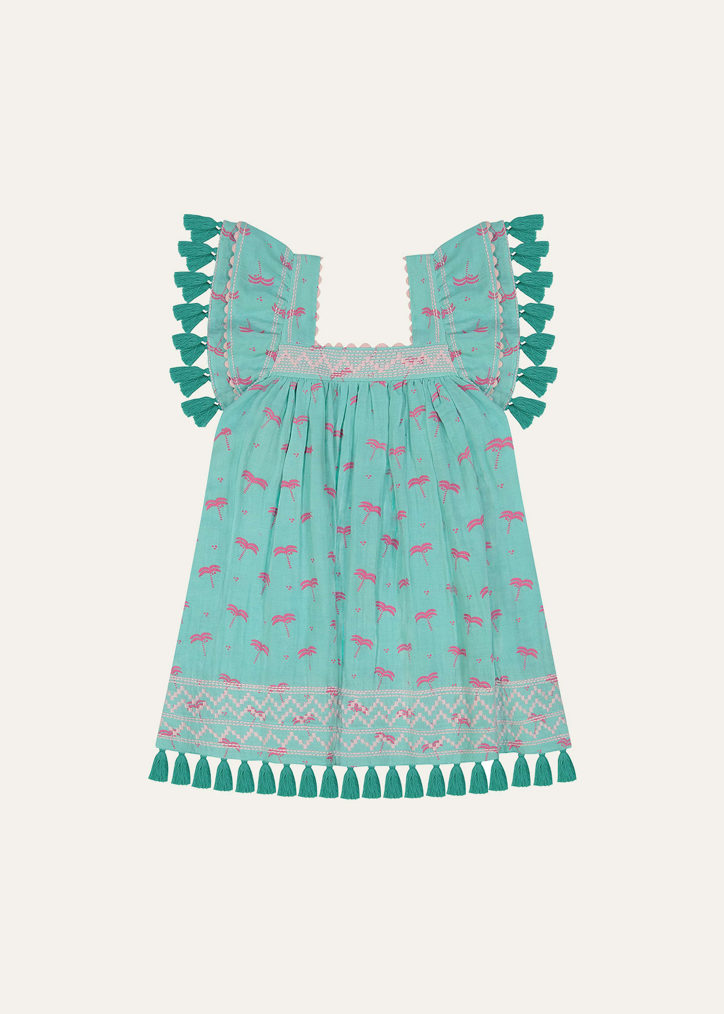 Mer St Barth Girl's Serena Palm Tree Embroidered Tassel Dress, Size 2-10
