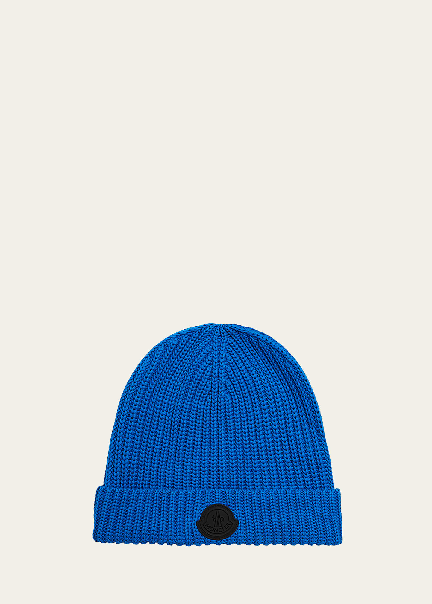 Shop Moncler Men's Ribbed Logo-patch Beanie Hat In Medium Blue