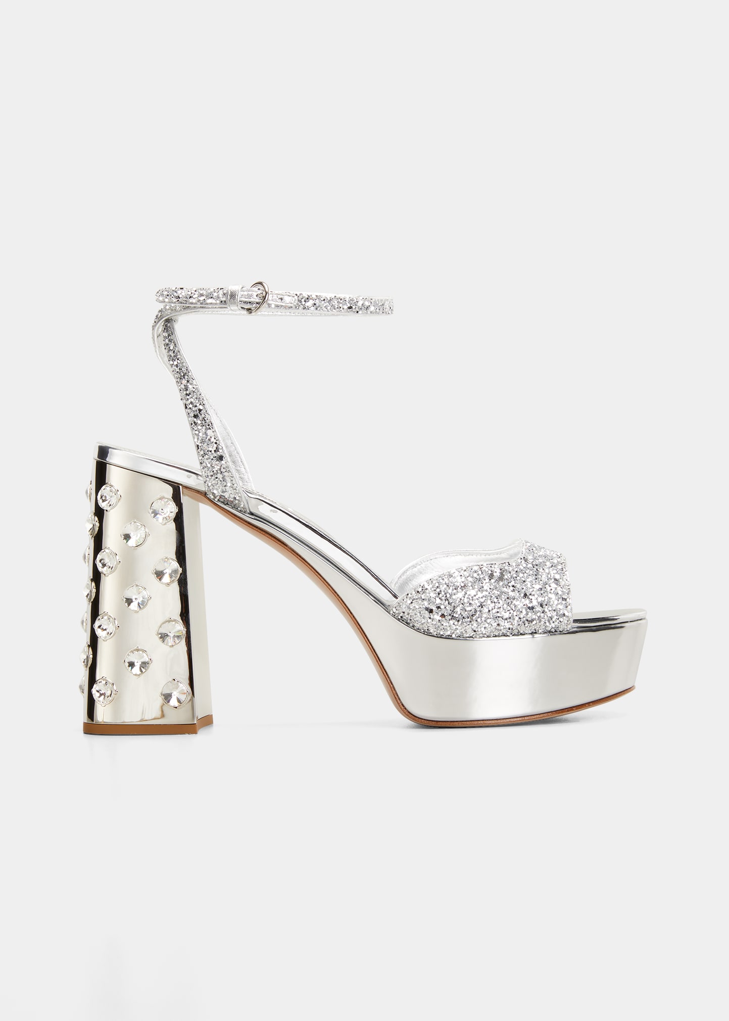 Miu Miu Metallic Glitter Ankle-strap Platform Sandals In Argento