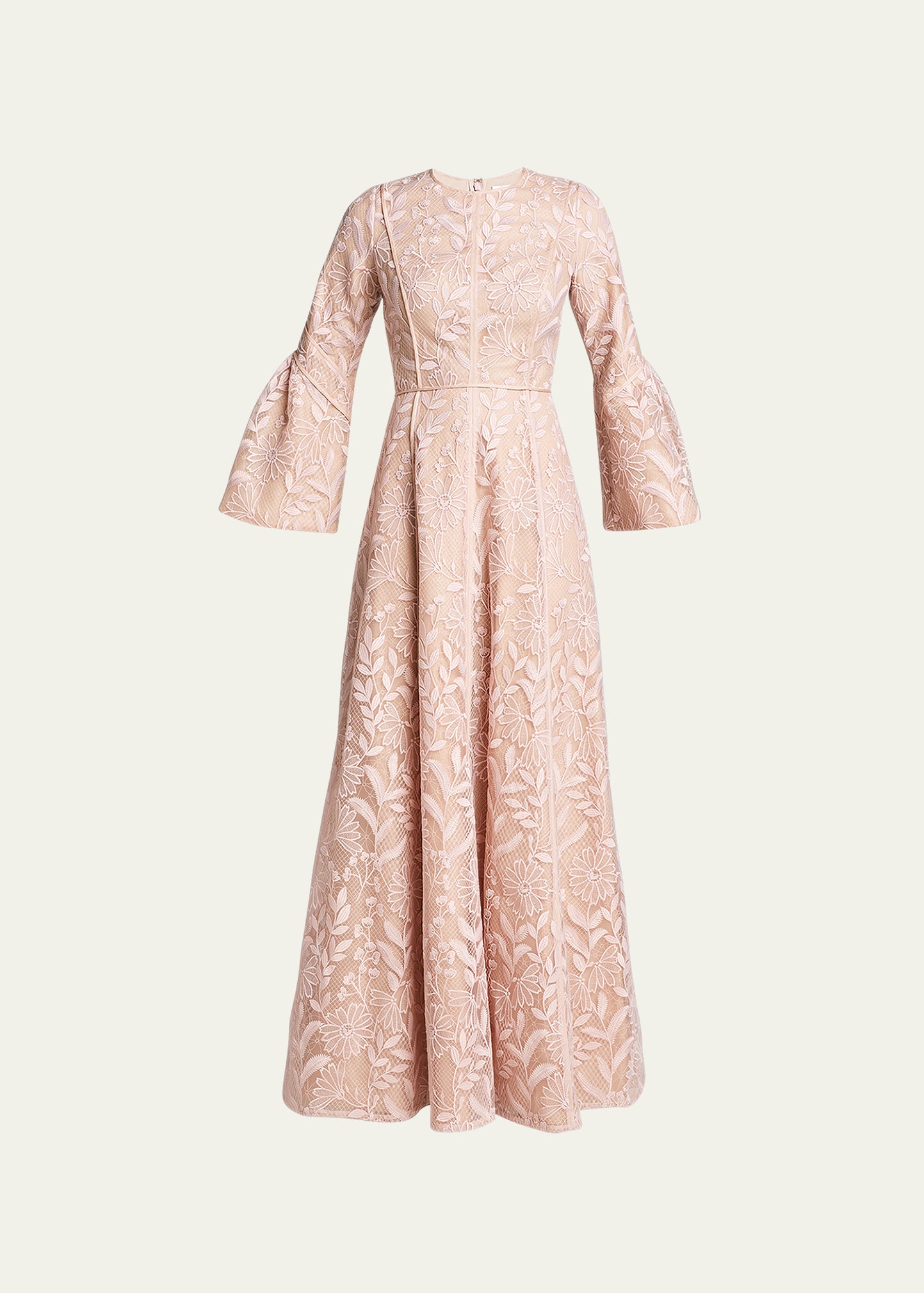 J. Mendel Floral-Embroidered Bell-Sleeve Tulle Gown