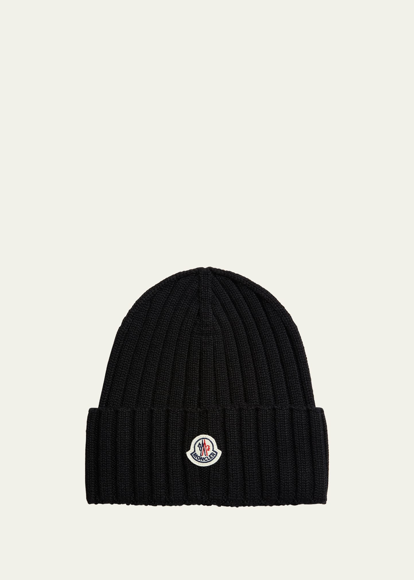 Moncler Black Wool Pompom Logo Beanie In Black
