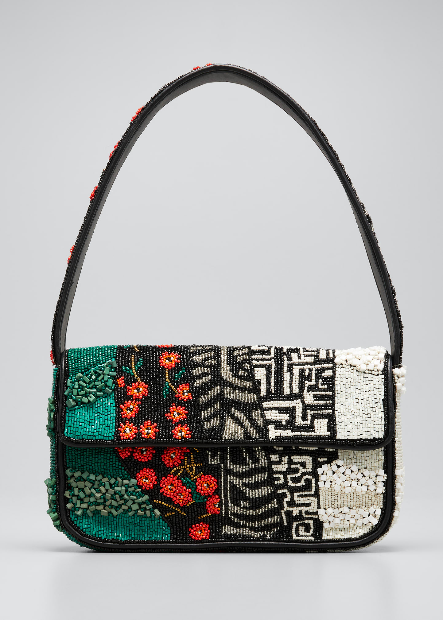 Staud Tommy Multi-pattern Beaded Shoulder Bag In Black Patch