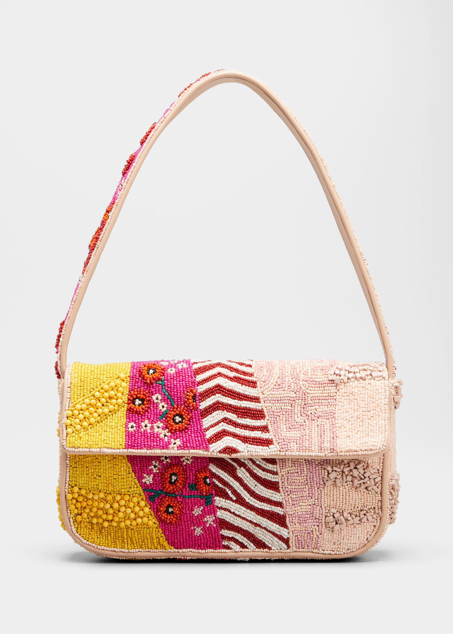 Staud Tommy Multi-pattern Beaded Shoulder Bag In Pink Patch