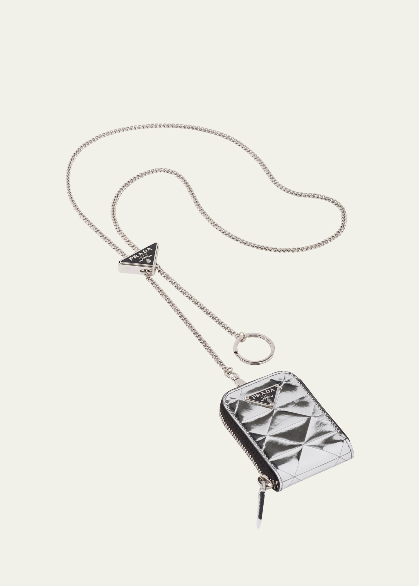 Prada Men's Spazzolato Zip Wallet On Lanyard In F0118 Argento