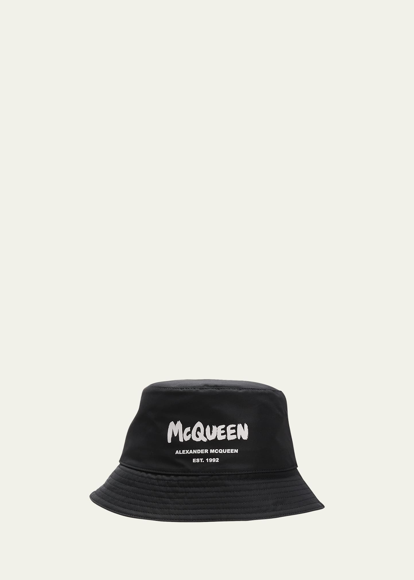 Alexander Mcqueen Men's Graffiti Logo Nylon Bucket Hat In Black/bone