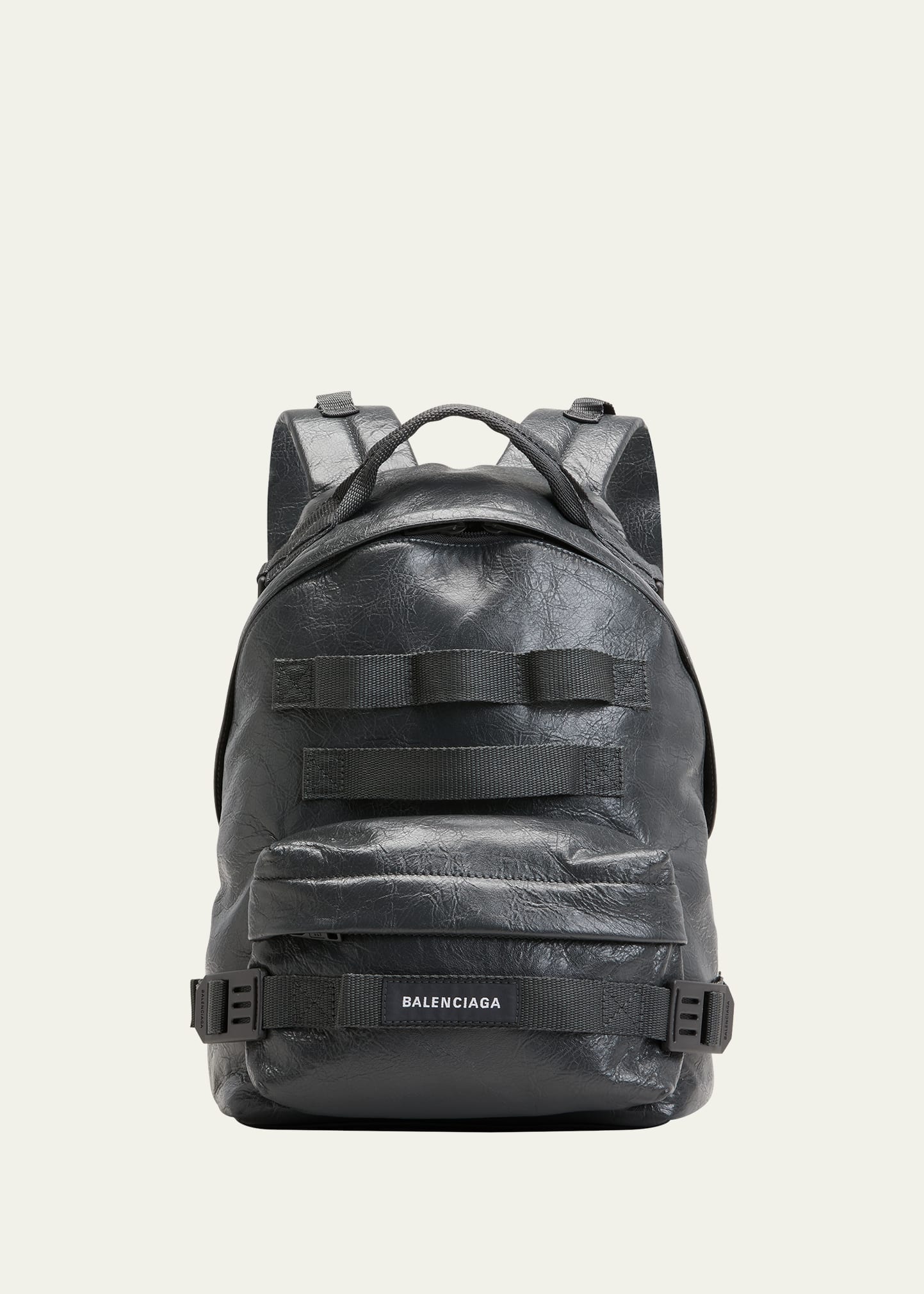 Men's Army Webbed Multi-strap Leather Backpack In Black