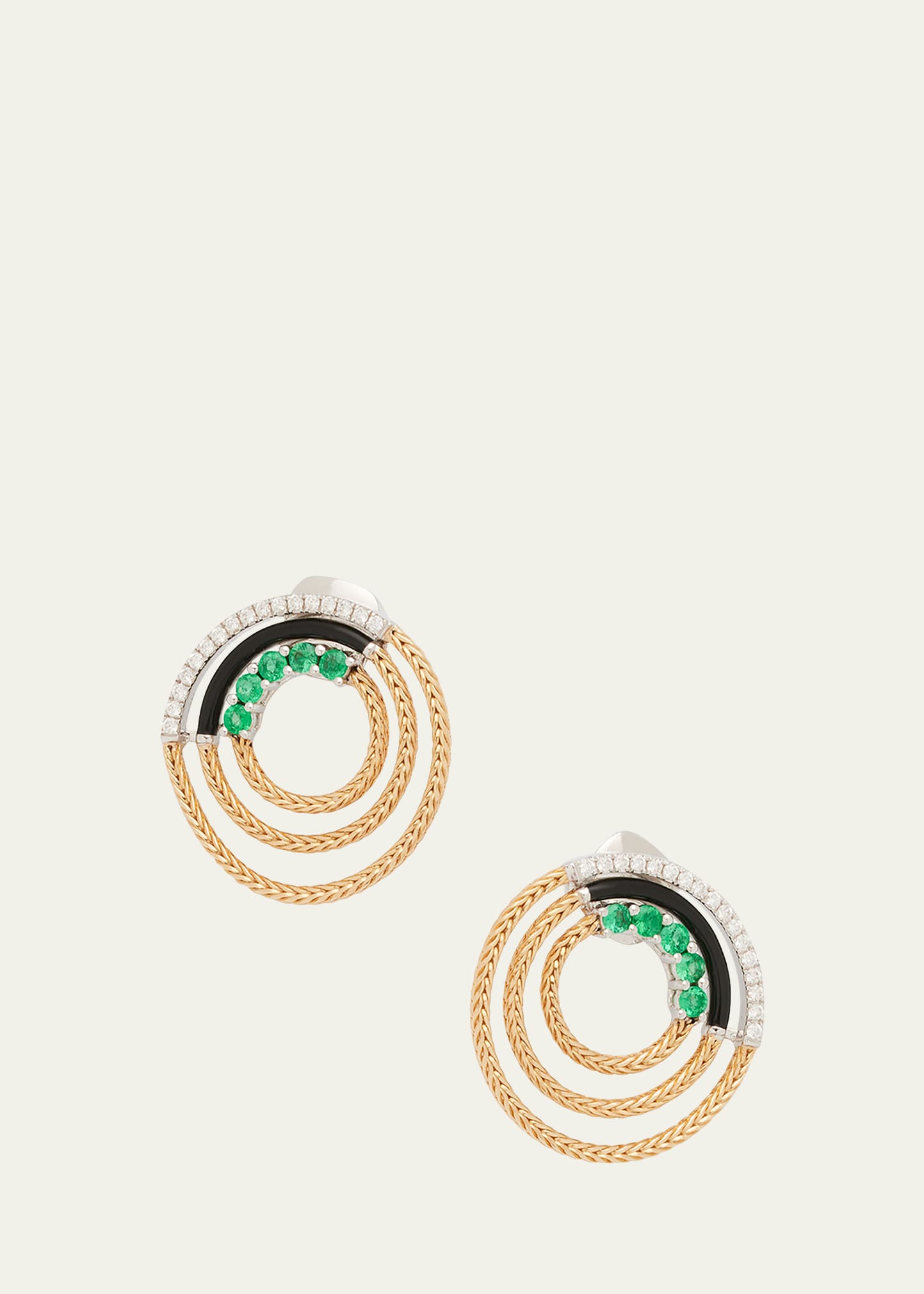 Together Multi-Circle Earrings with Emeralds, White Diamonds and Black Enamel in Two-Tone 18K Gold