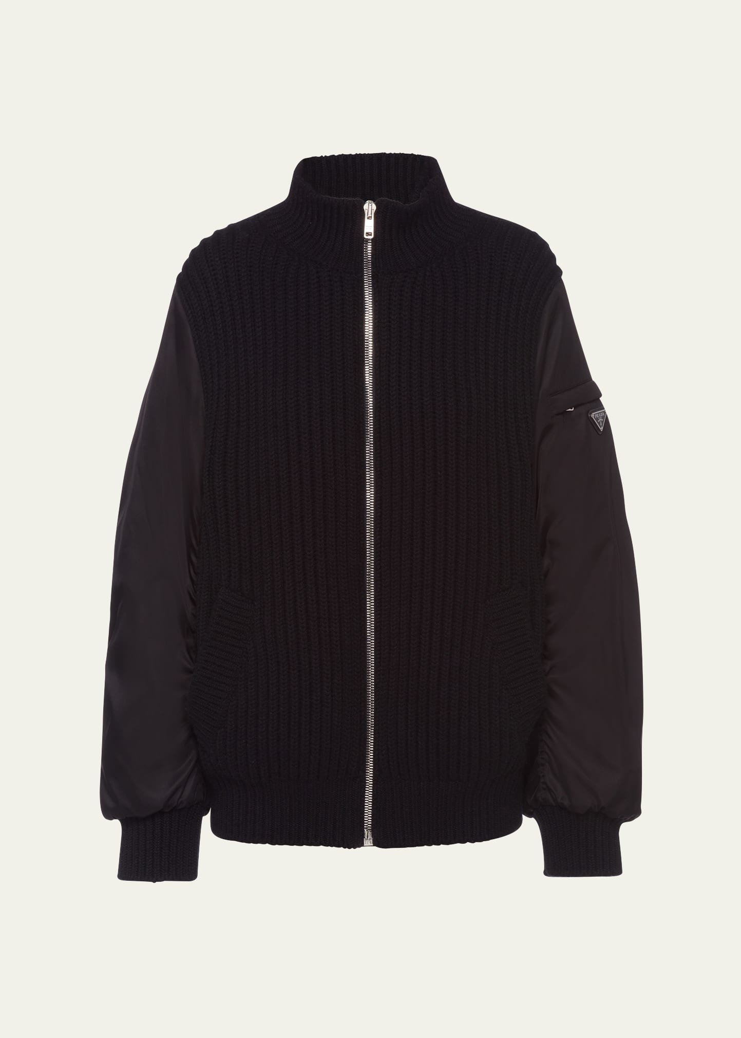Shop Prada Cashmere Knit Bomber Jacket With Nylon Sleeves In F0002 Nero