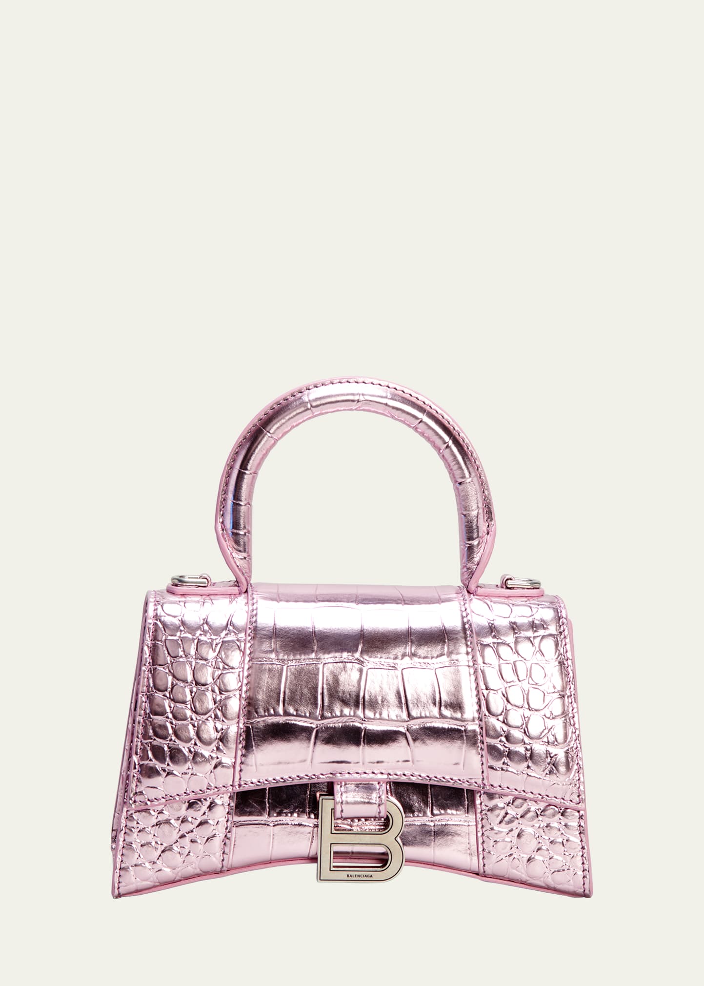 Balenciaga Hourglass Mini Handbag Metallized Crocodile Embossed