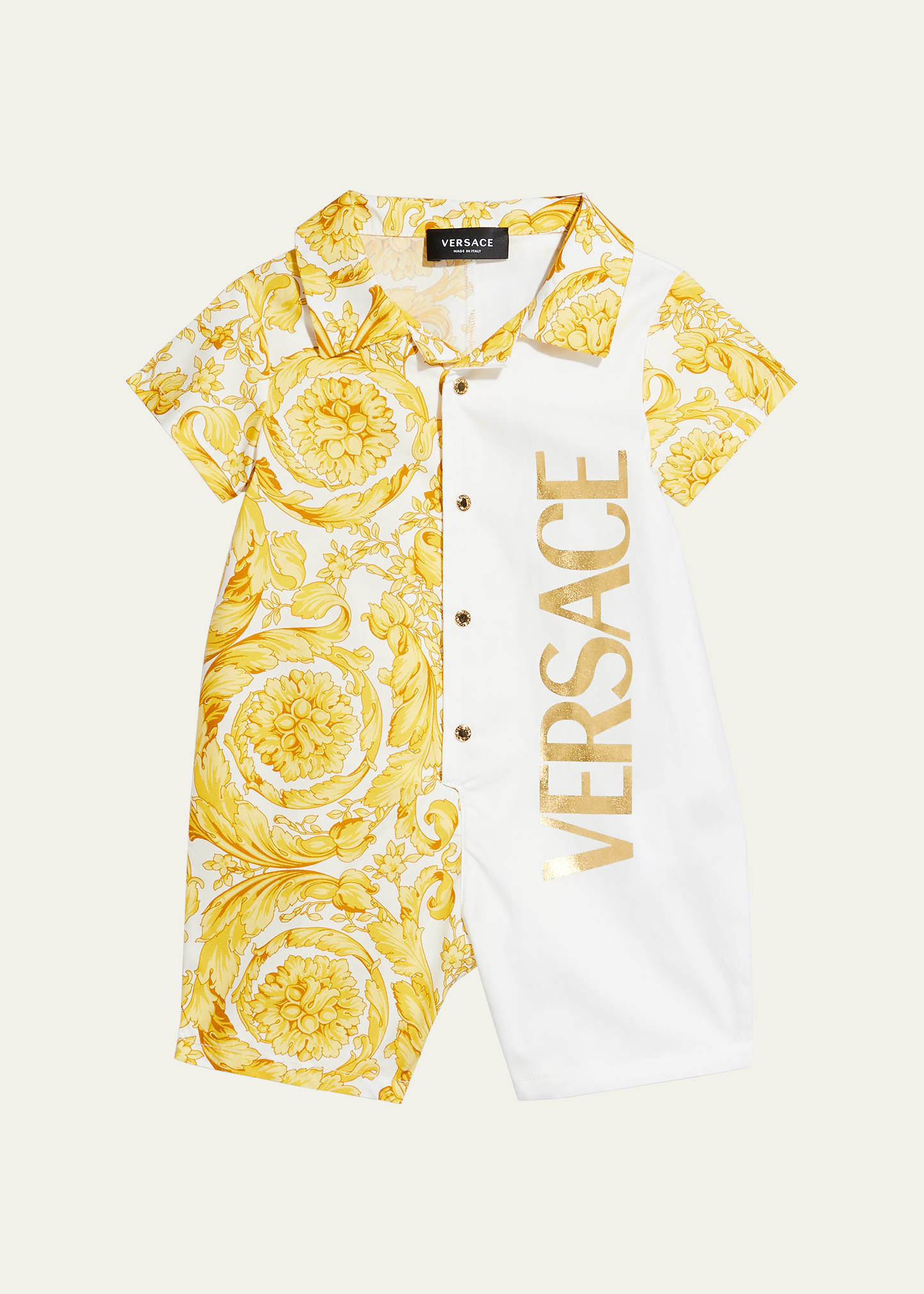 Shop Versace Boy's Barocco Logo Collared Playsuit In White/gold