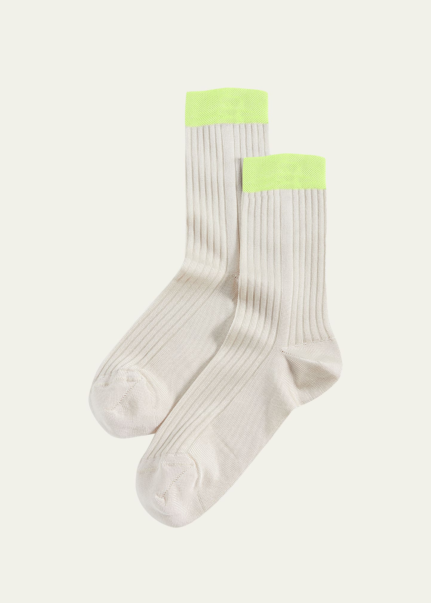 Stems Blocked Silky Rib Crew Socks In Ivory/neon