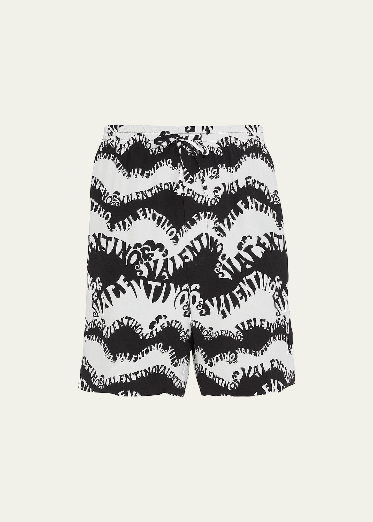 Shop Valentino Men's Signature Wave-print Silk Shorts In White/black