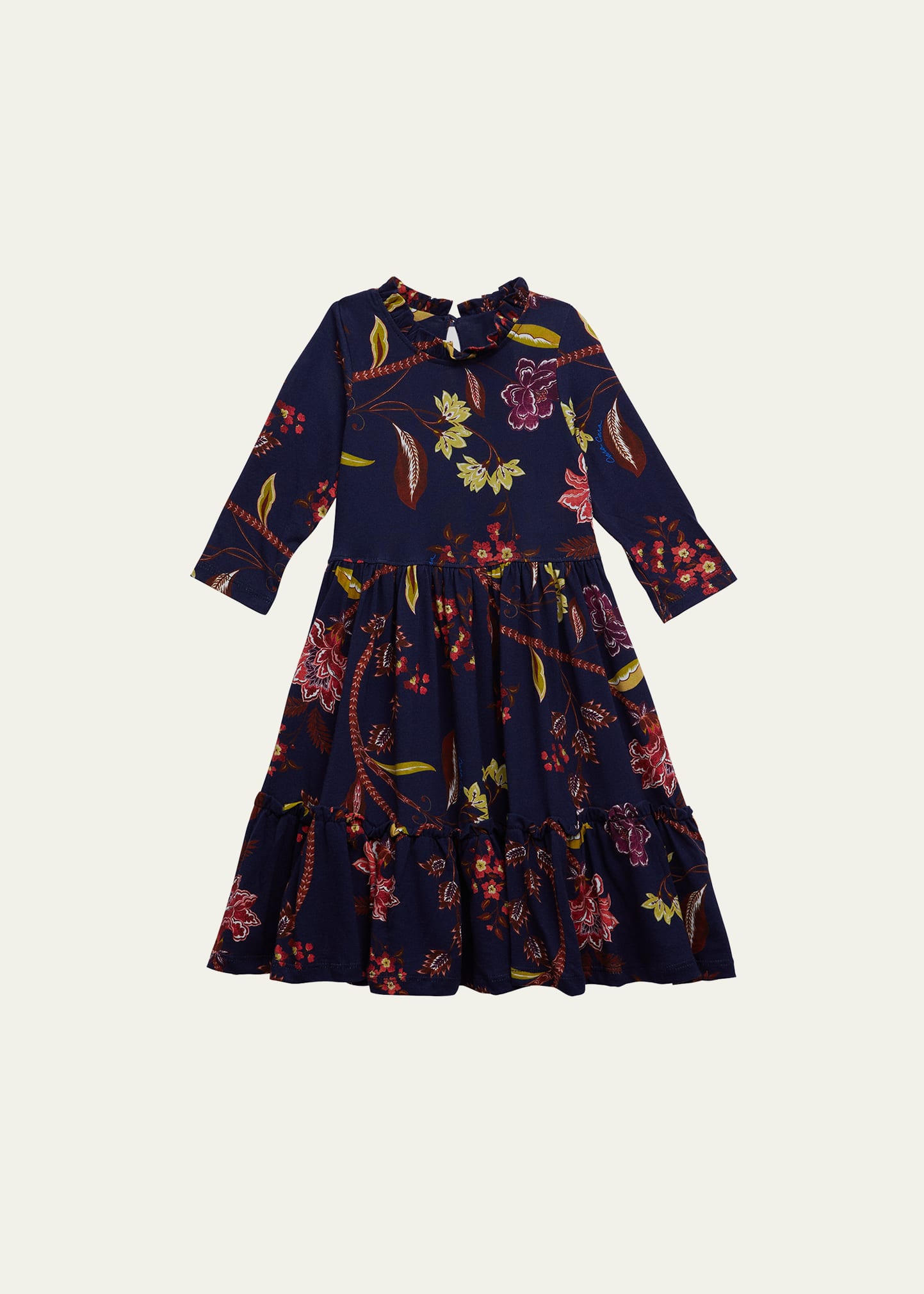 Cara Cara Kids' Girl's Rosie Forest-print Ruffle Cotton Jersey Dress In Ophelia Midnight