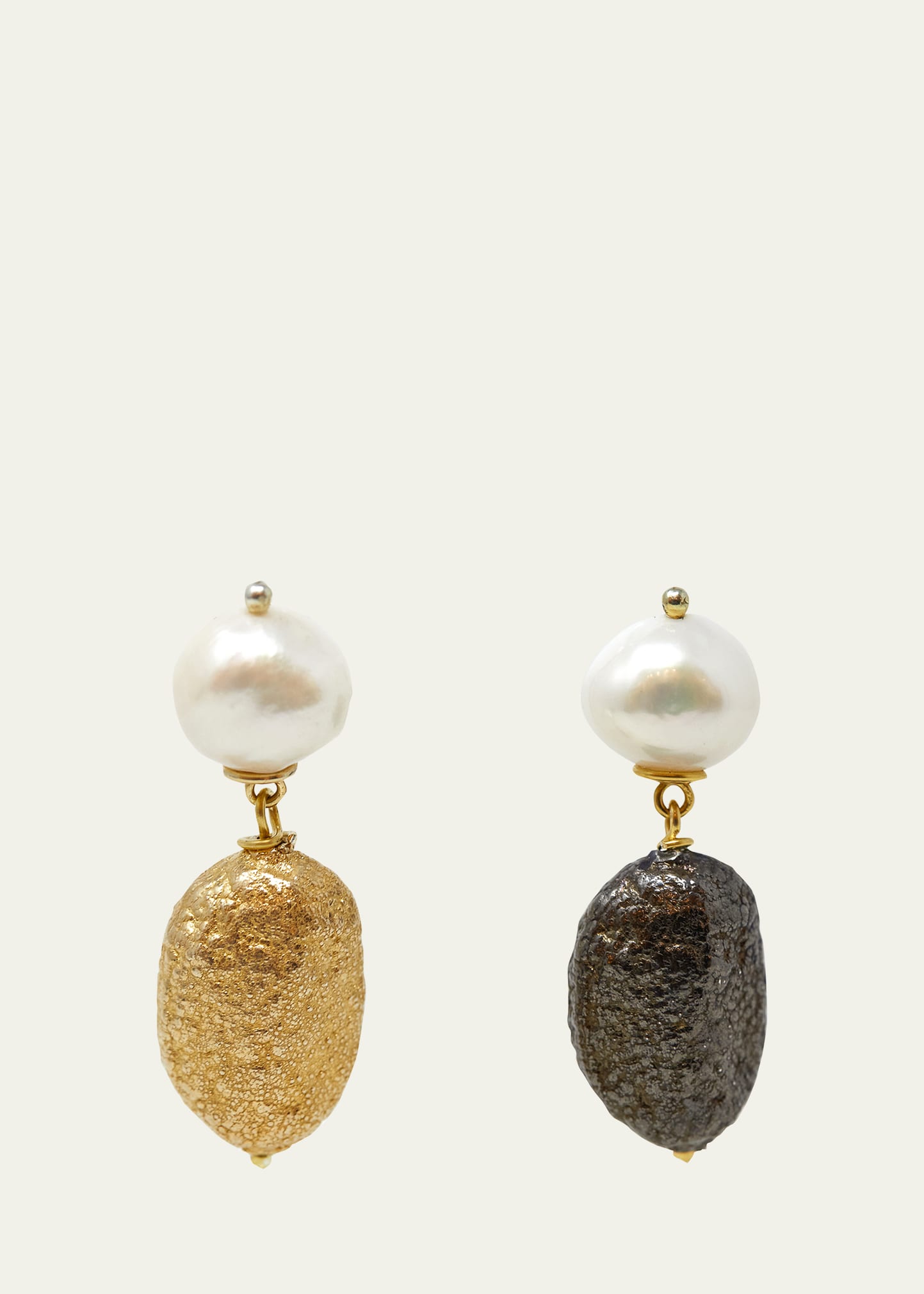 Mismatched Pearl and Nugget Earrings in Black Silver and Yellow Gold