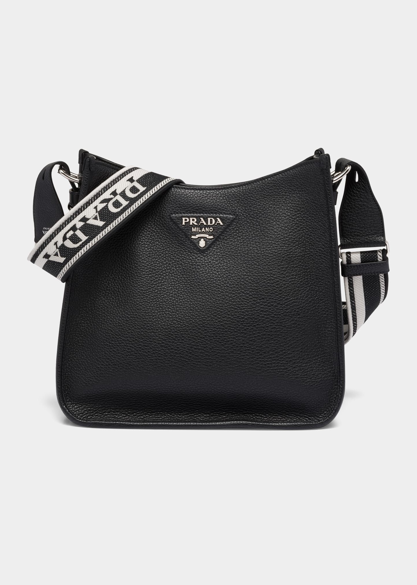 Prada Logo Pebbled Leather Hobo Bag In F0002 Nero | ModeSens