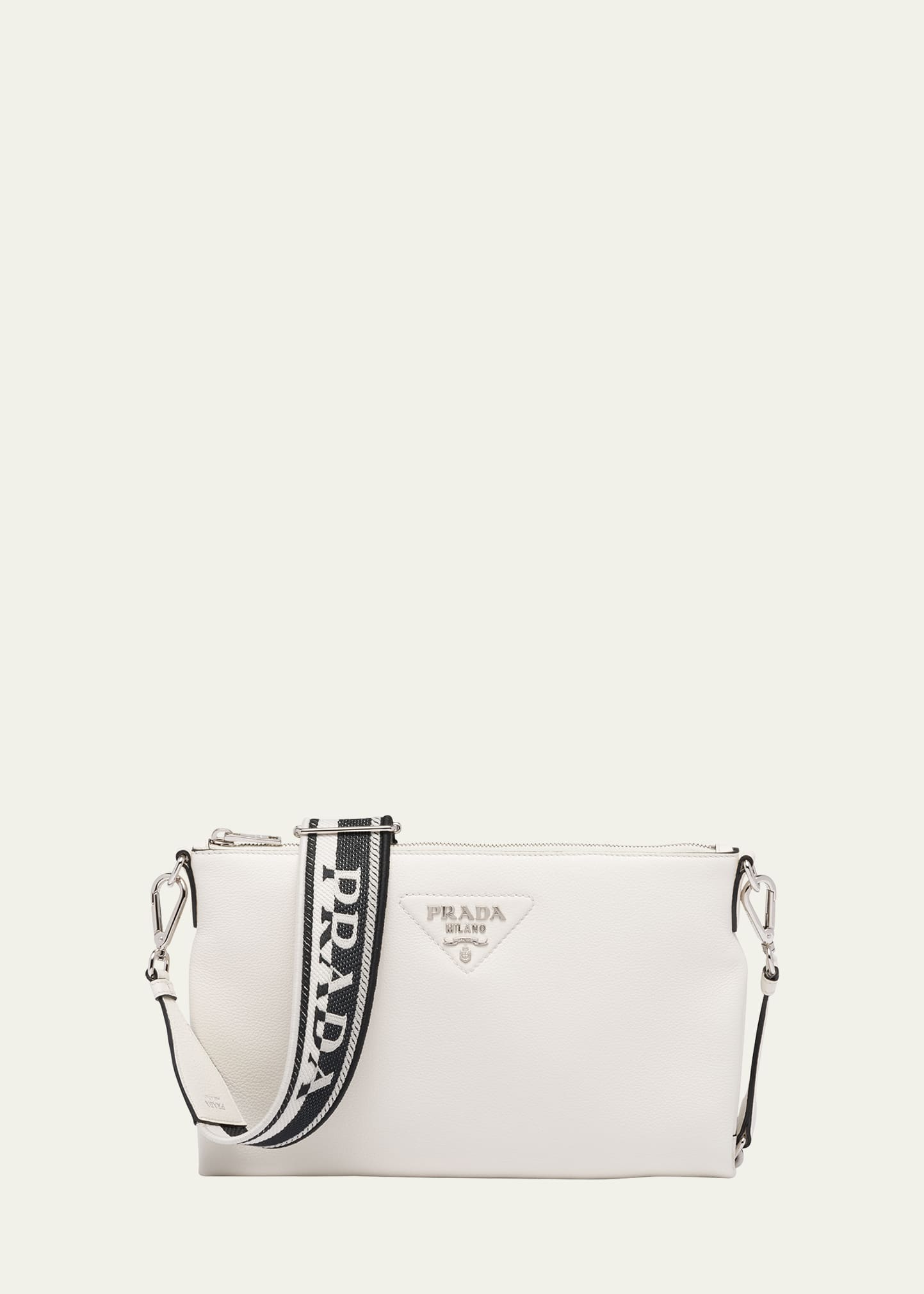 Prada Small Logo Pebbled Leather Crossbody Bag In F0009 Bianco