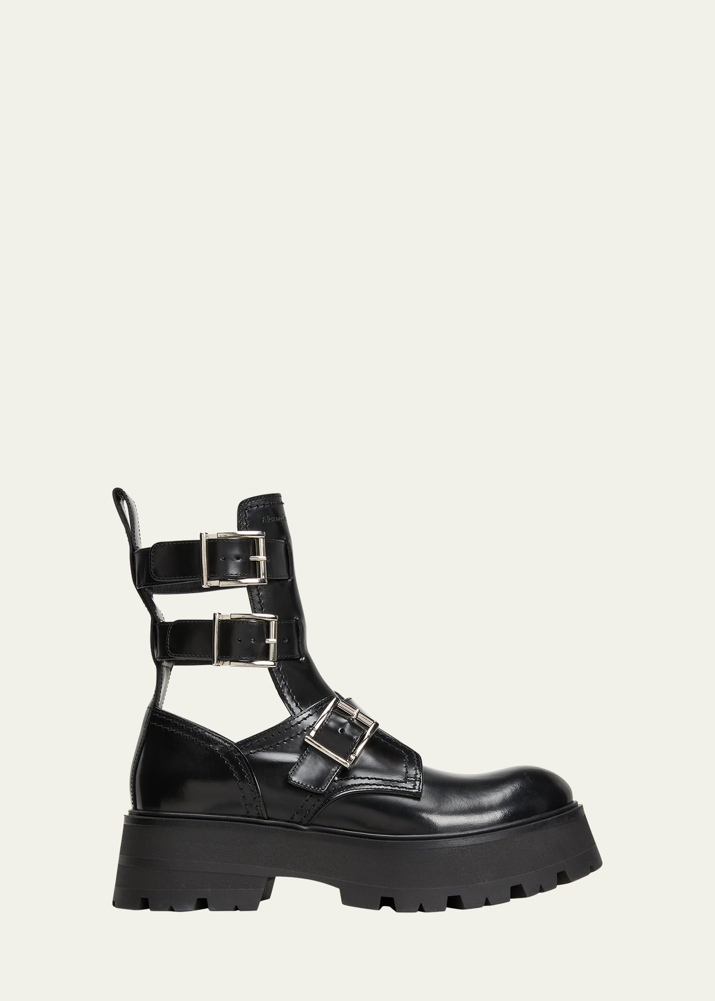 Alexander Mcqueen Rave Calfskin Buckle Loafer Boots In Black/silver
