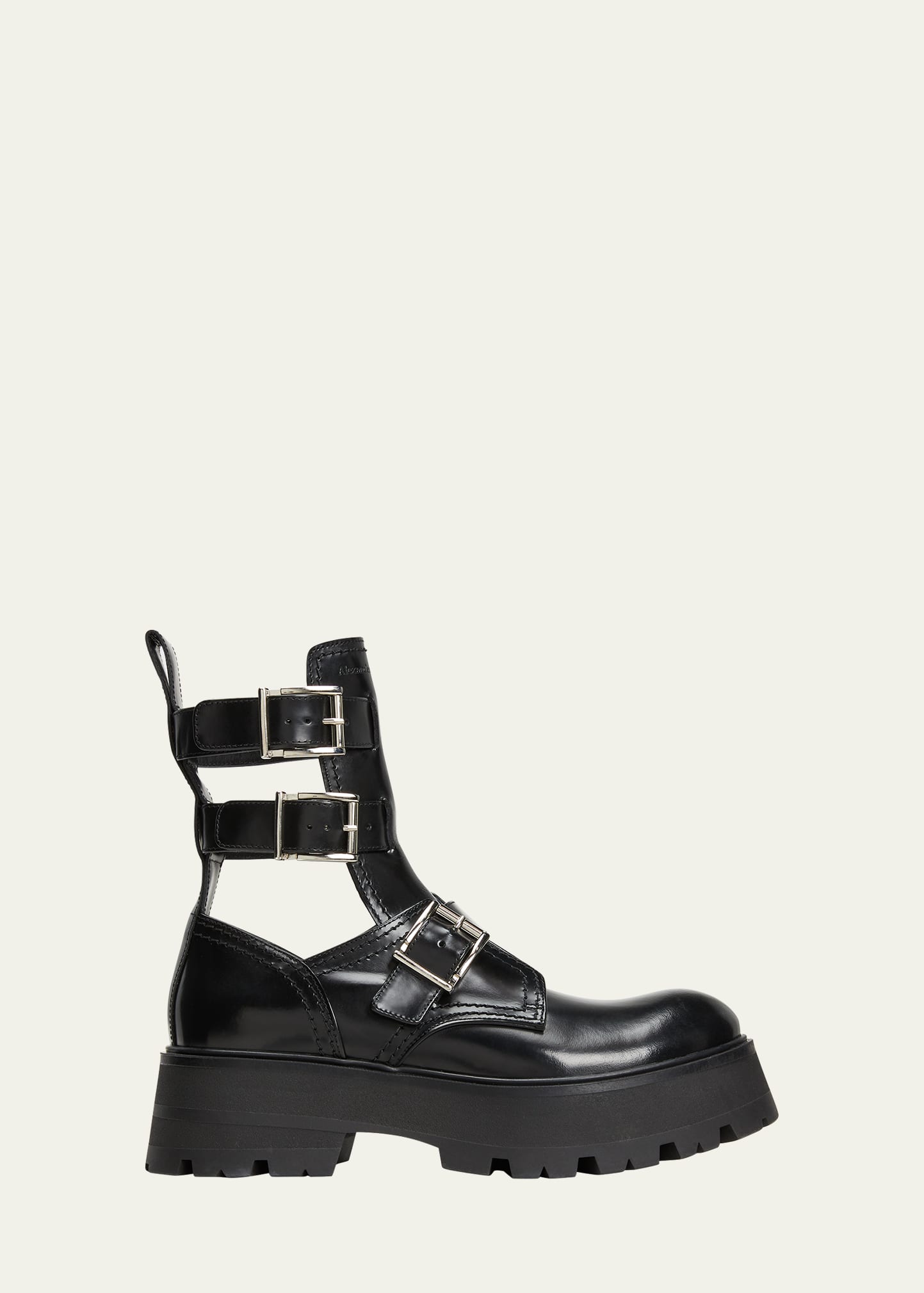 Alexander Mcqueen Rave Calfskin Buckle Loafer Boots In Black/silver