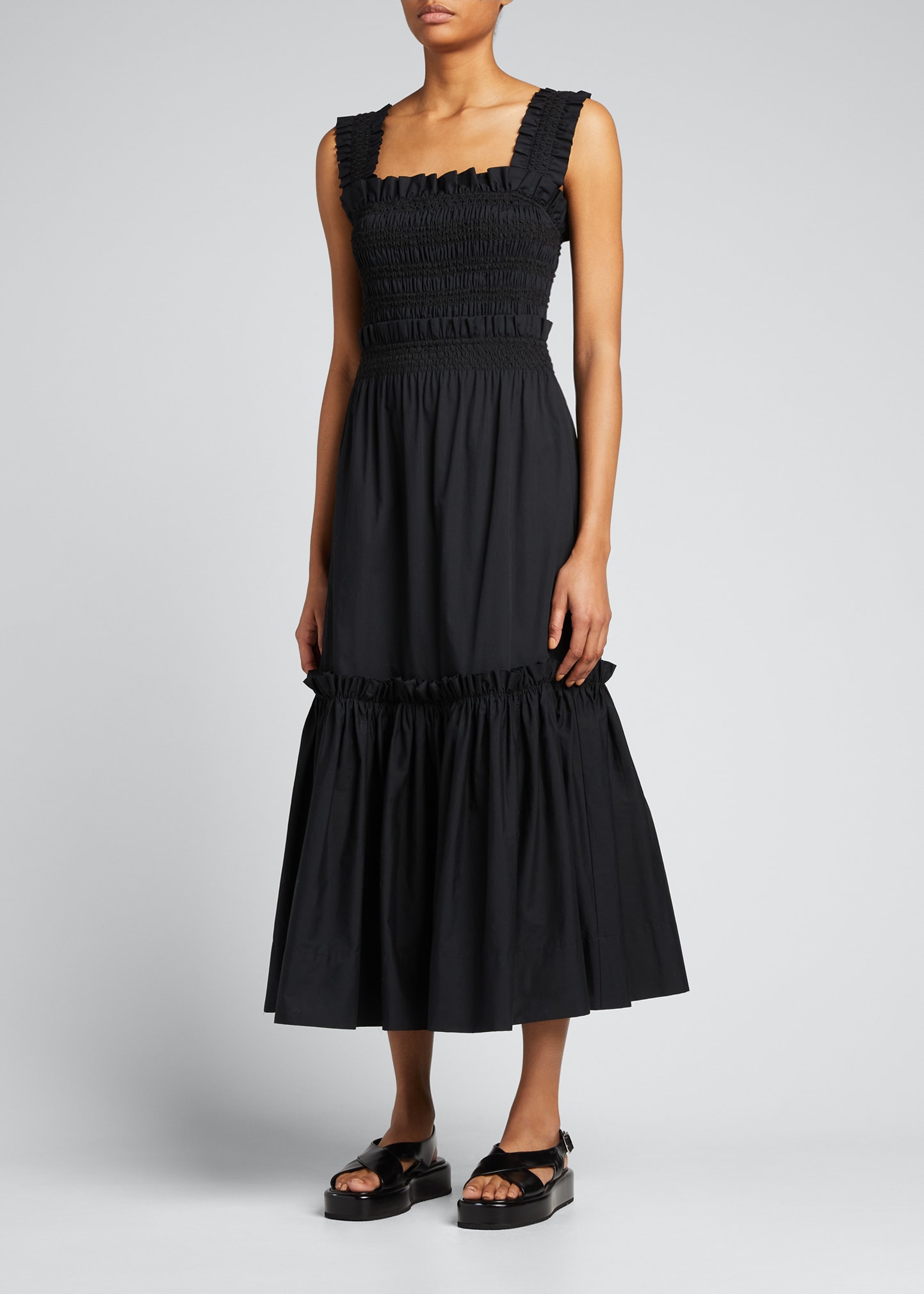 Sea Phoebe Shirred Cotton-poplin Midi Dress In Black | ModeSens