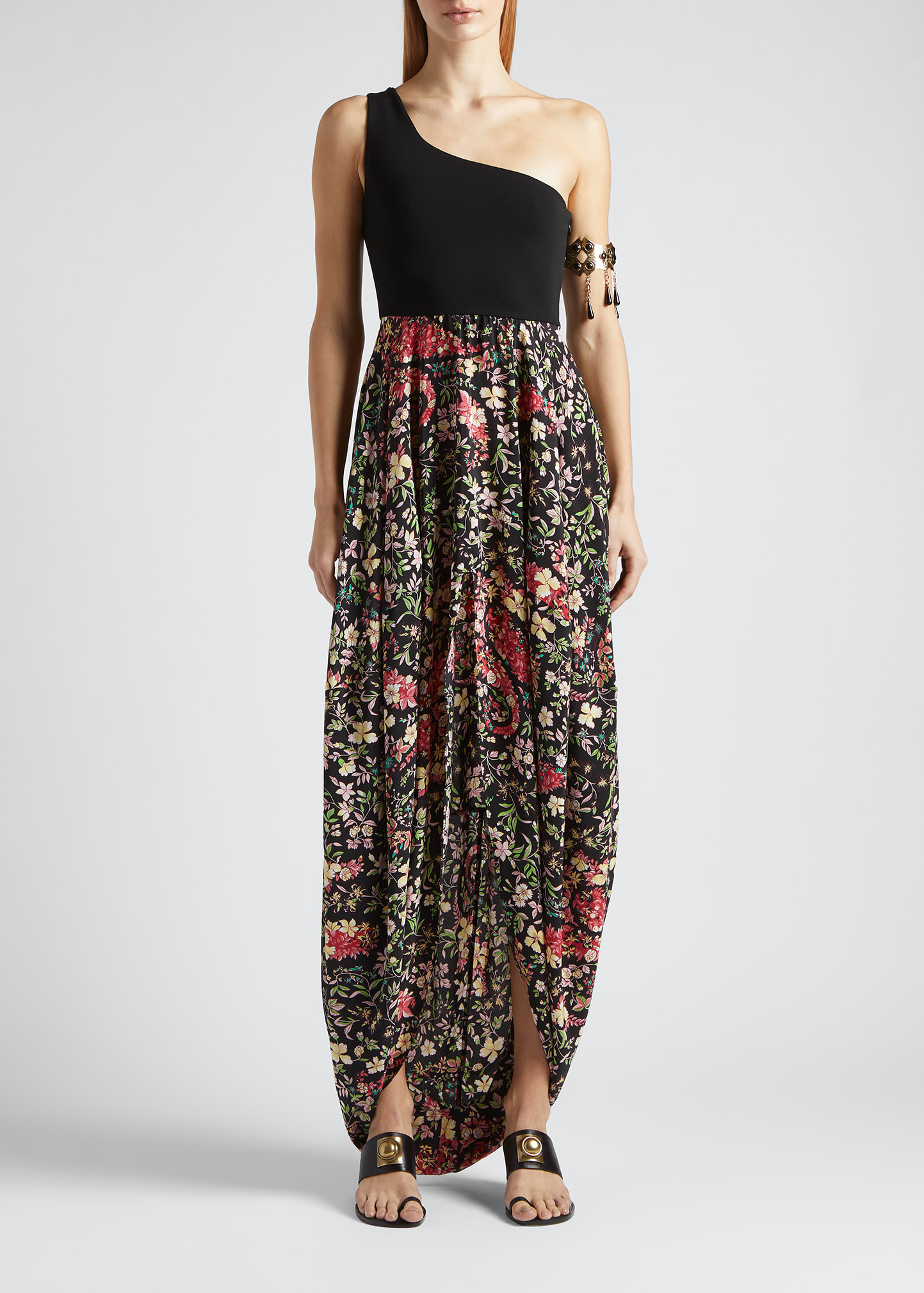 Etro One-shoulder Jersey And Floral-print Silk Crepe De Chine Dress In Black
