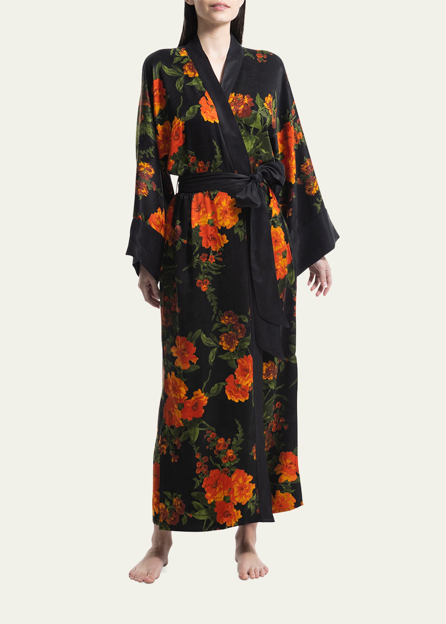 Niluu Printed Vegan Silk Kimono Robe In Olivia