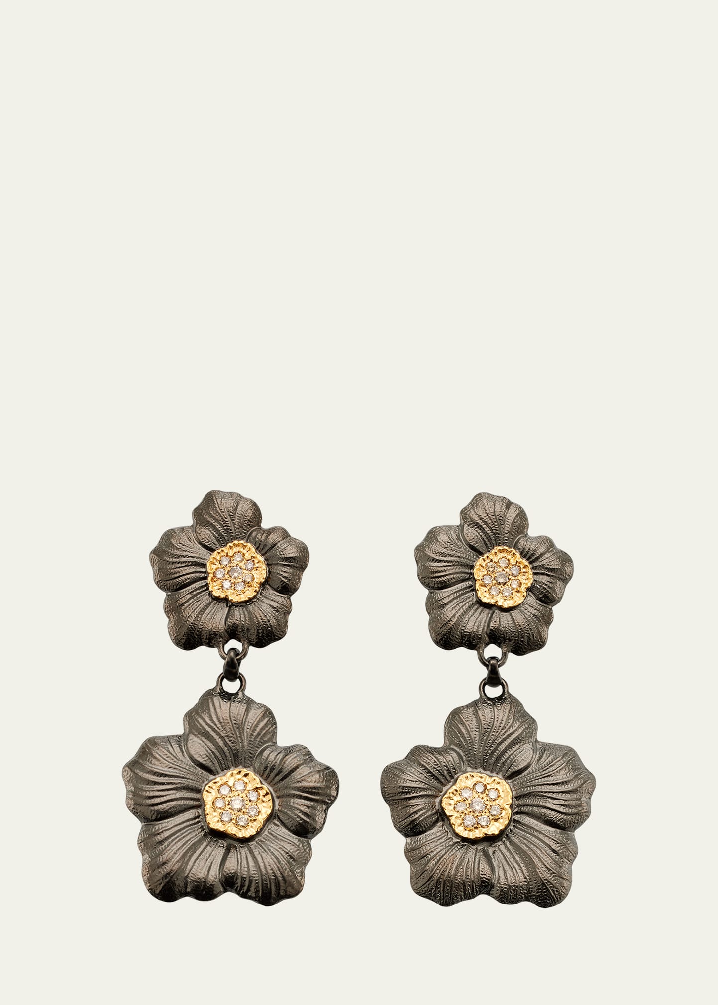 Blossom Gardenia Burnished Silver, Gold, Brown Diamond Pendant Earrings