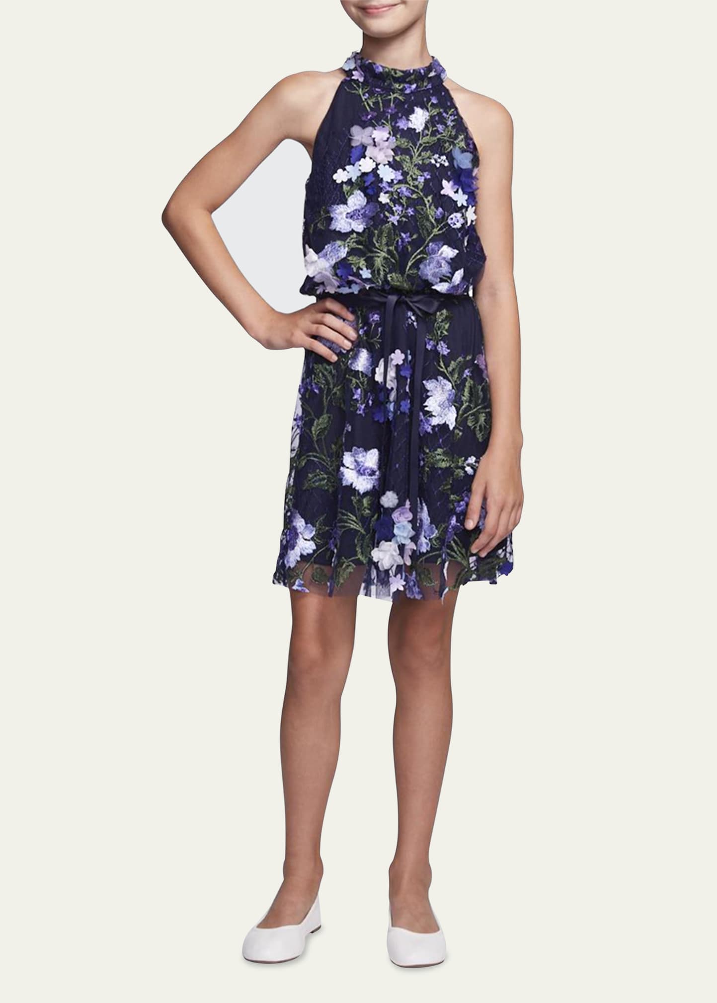 Shop Marchesa Notte Mini Girl's 3d Embroidered Floral Dress In Navy