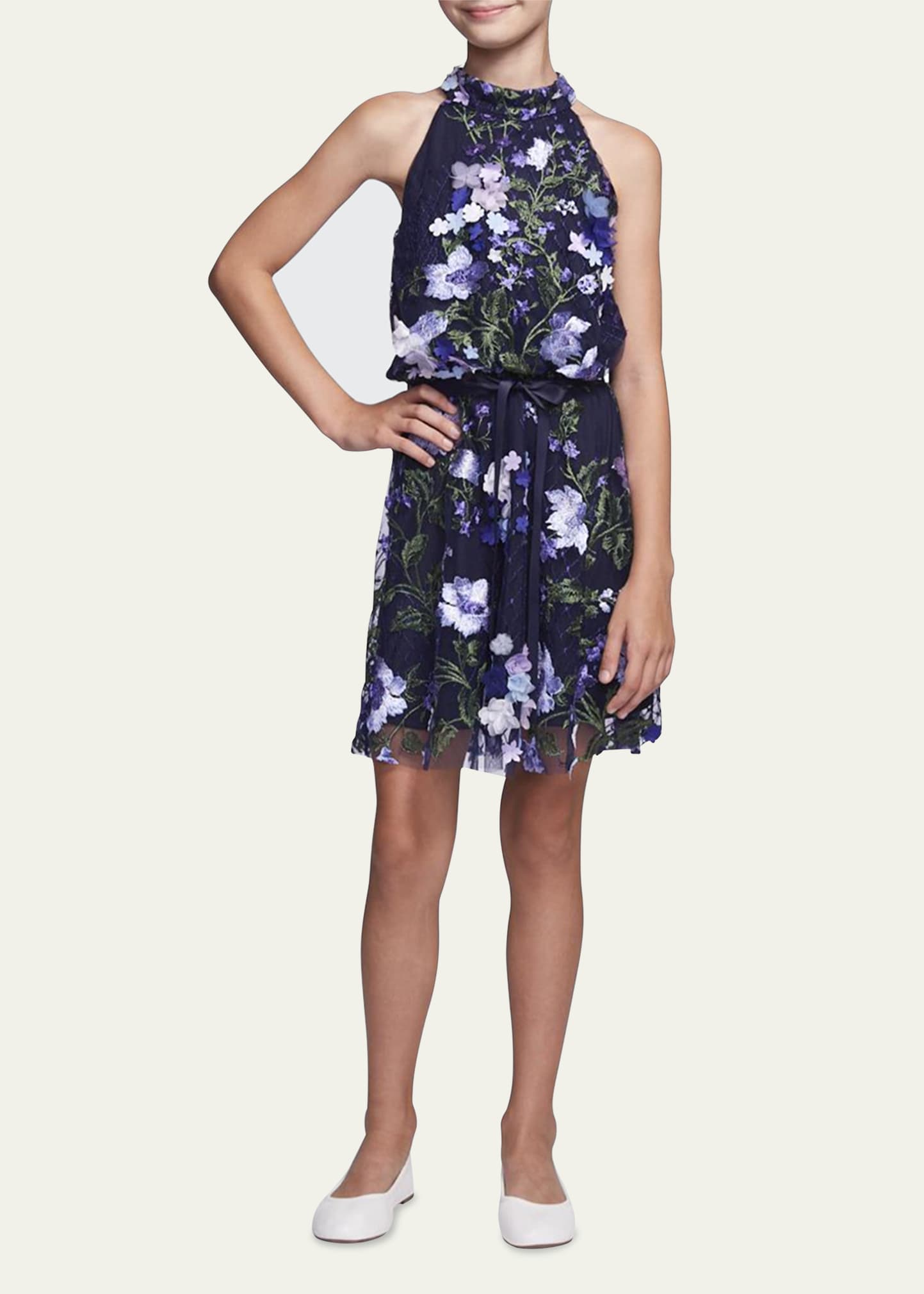 Marchesa Notte Mini Girl's 3d Embroidered Floral Dress In Navy