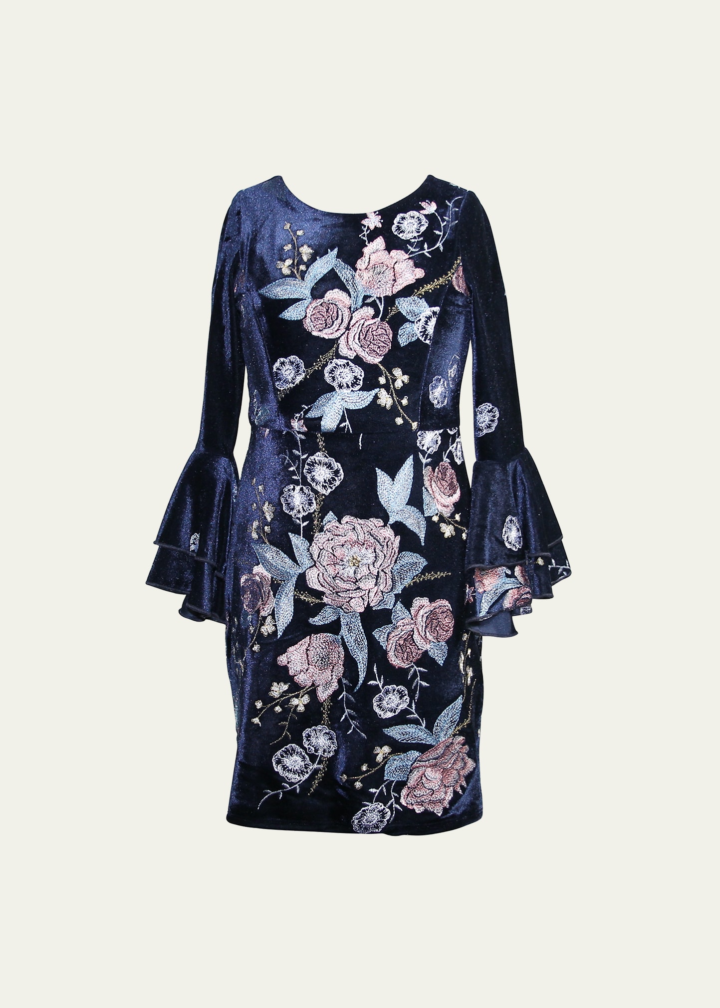 Shop Marchesa Notte Mini Girl's Bell-sleeve Floral-embroidered Velvet Dress In Navy