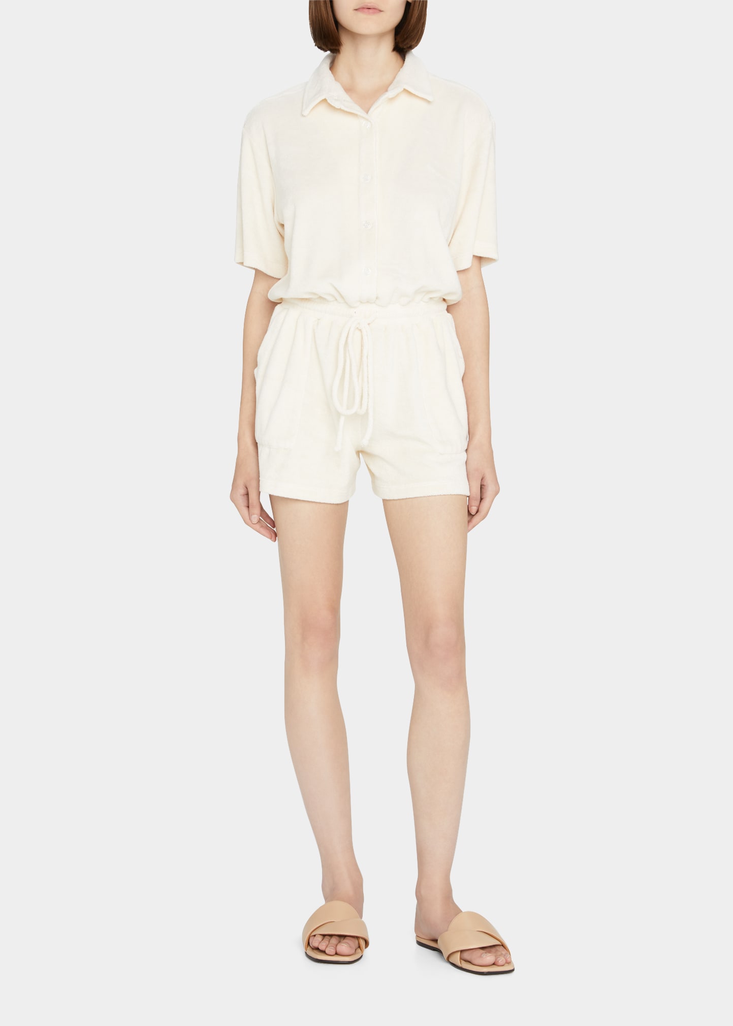 Monrow Terry Cloth Button-front Romper In Pearl