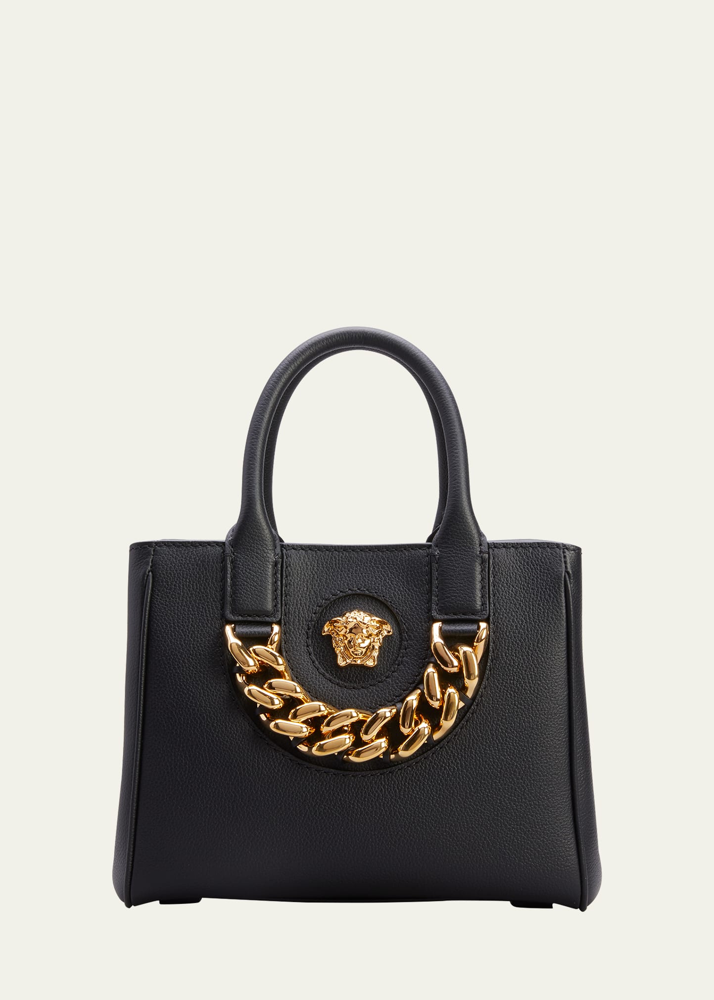 Versace La Medusa Small Chain Tote Bag In Black Gold