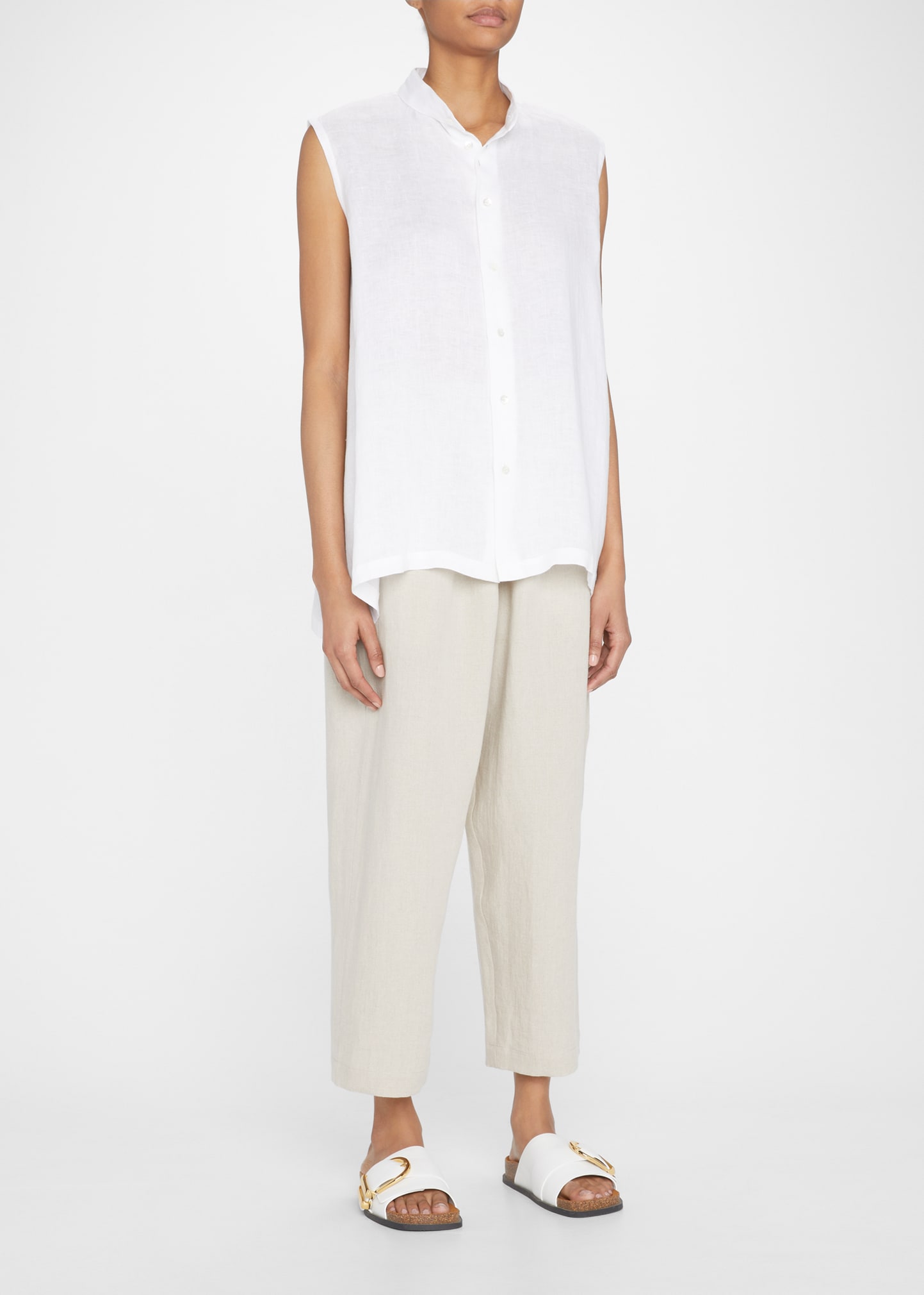 A-line Collarless Sleeveless Linen Shirt