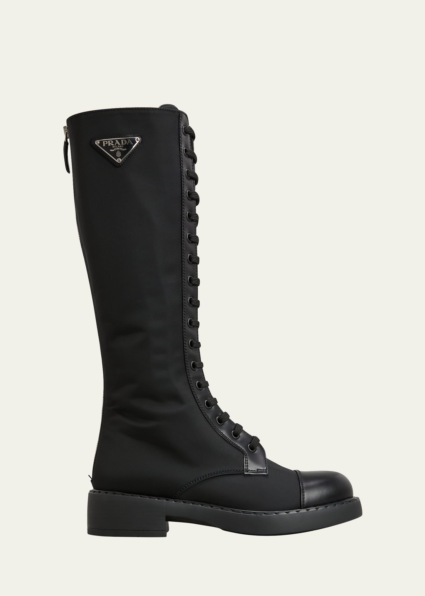 Prada Nylon Tall Lace-up Combat Boots In Black