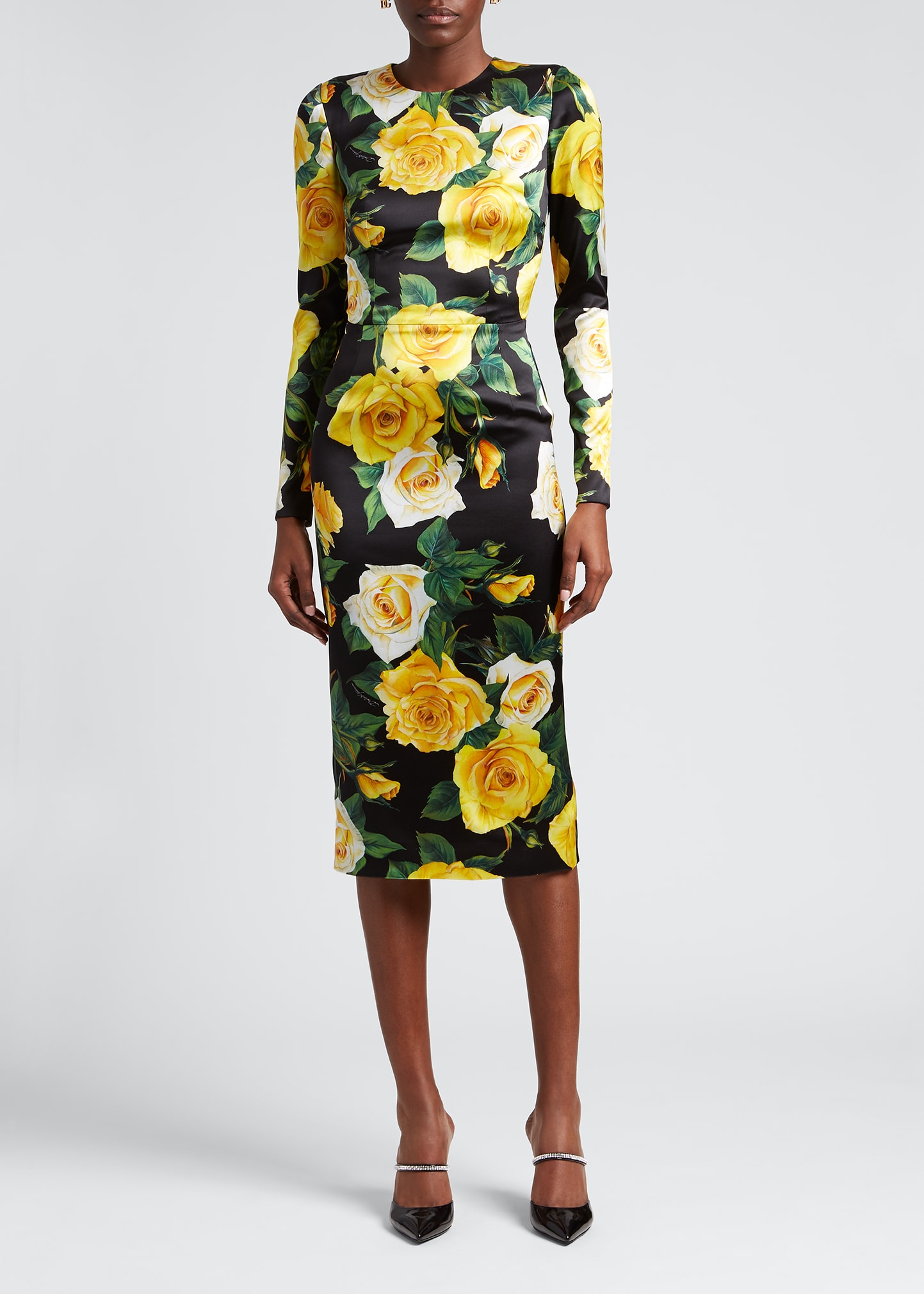 Dolce & Gabbana Rose-Print Long-Sleeve Silk Midi Dress
