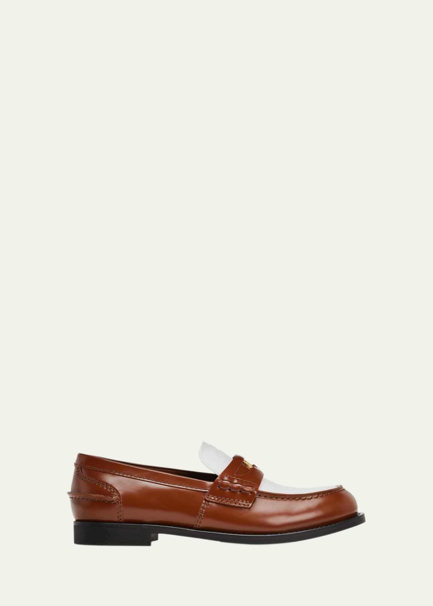 Shop Miu Miu Bicolor Calfskin Penny Loafers In Cognac Bianco