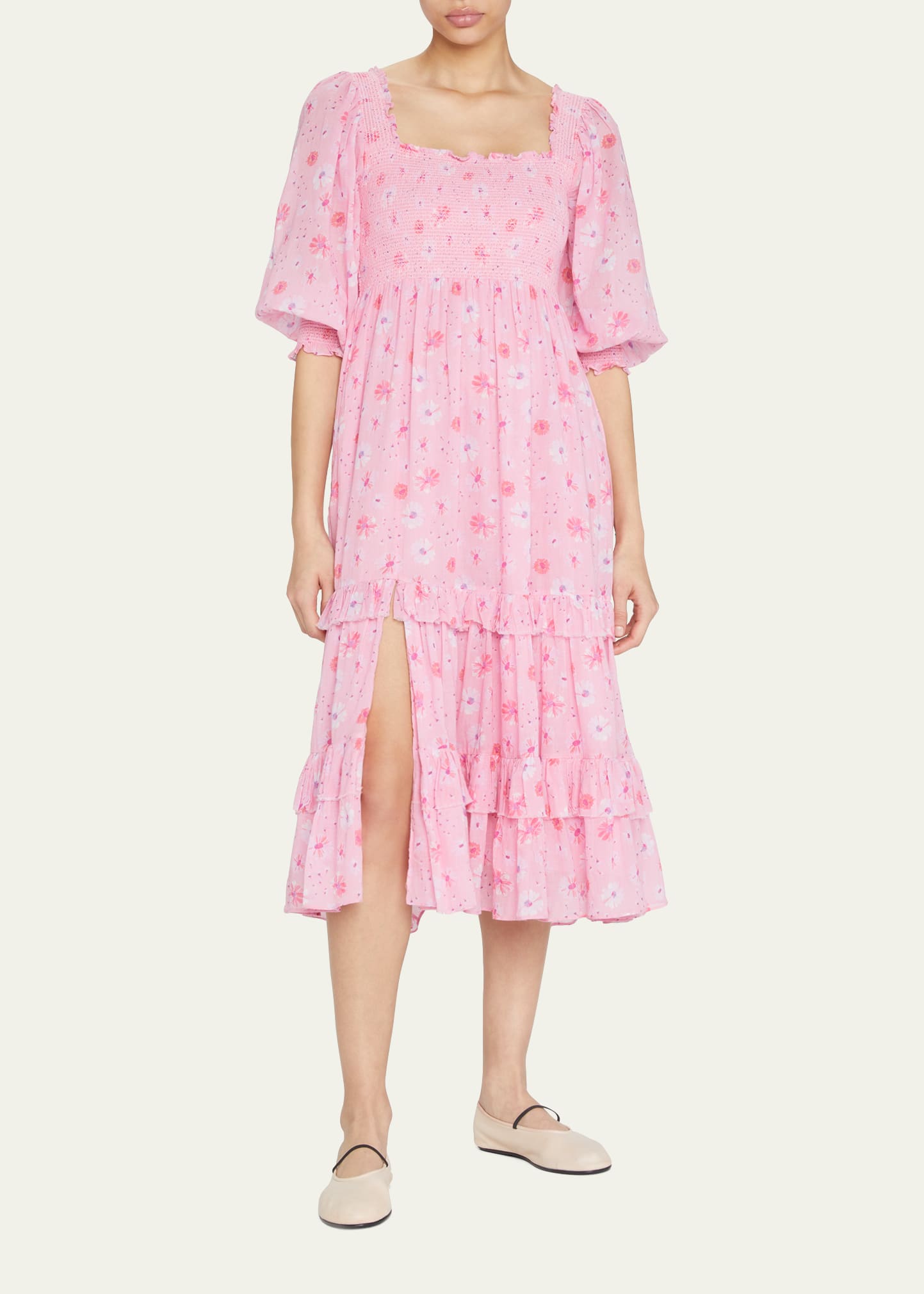 Loveshackfancy Miri Shirred Floral-print Cotton-voile Midi Dress 