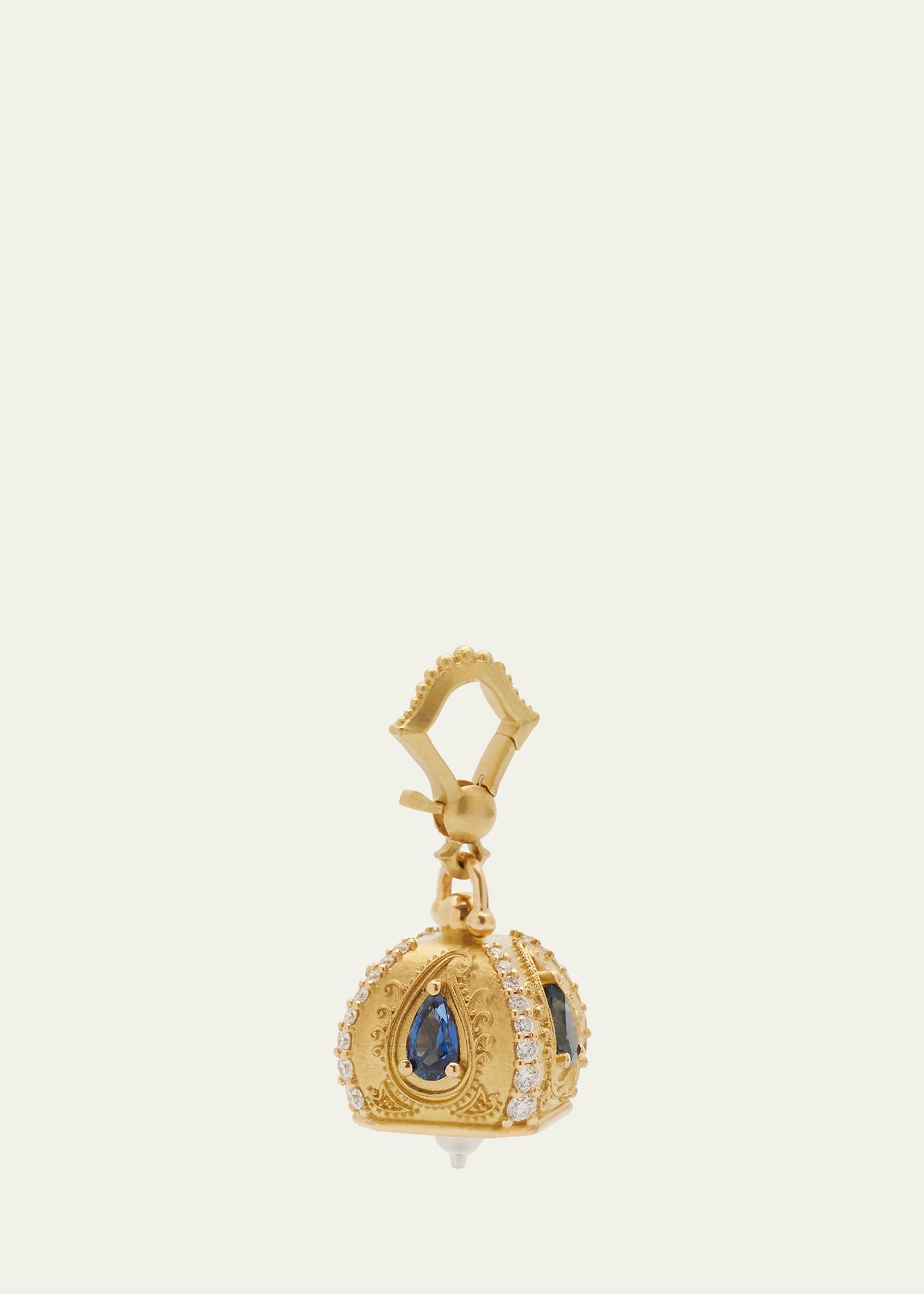 Yellow Gold Meditation Bell Charm with Diamonds and Blue Sapphires