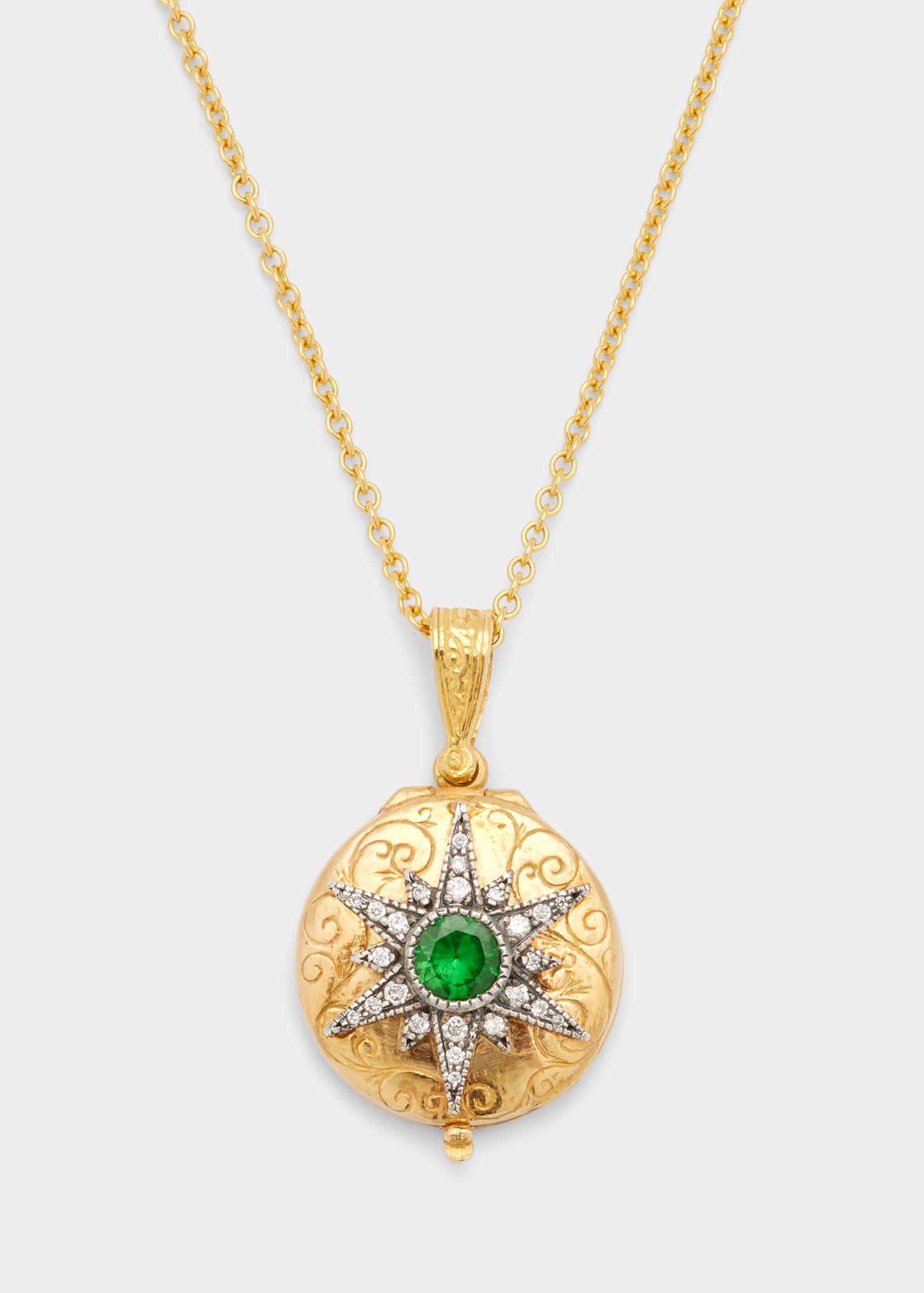 Small Starburst Locket Necklace with Emerald and Diamonds
