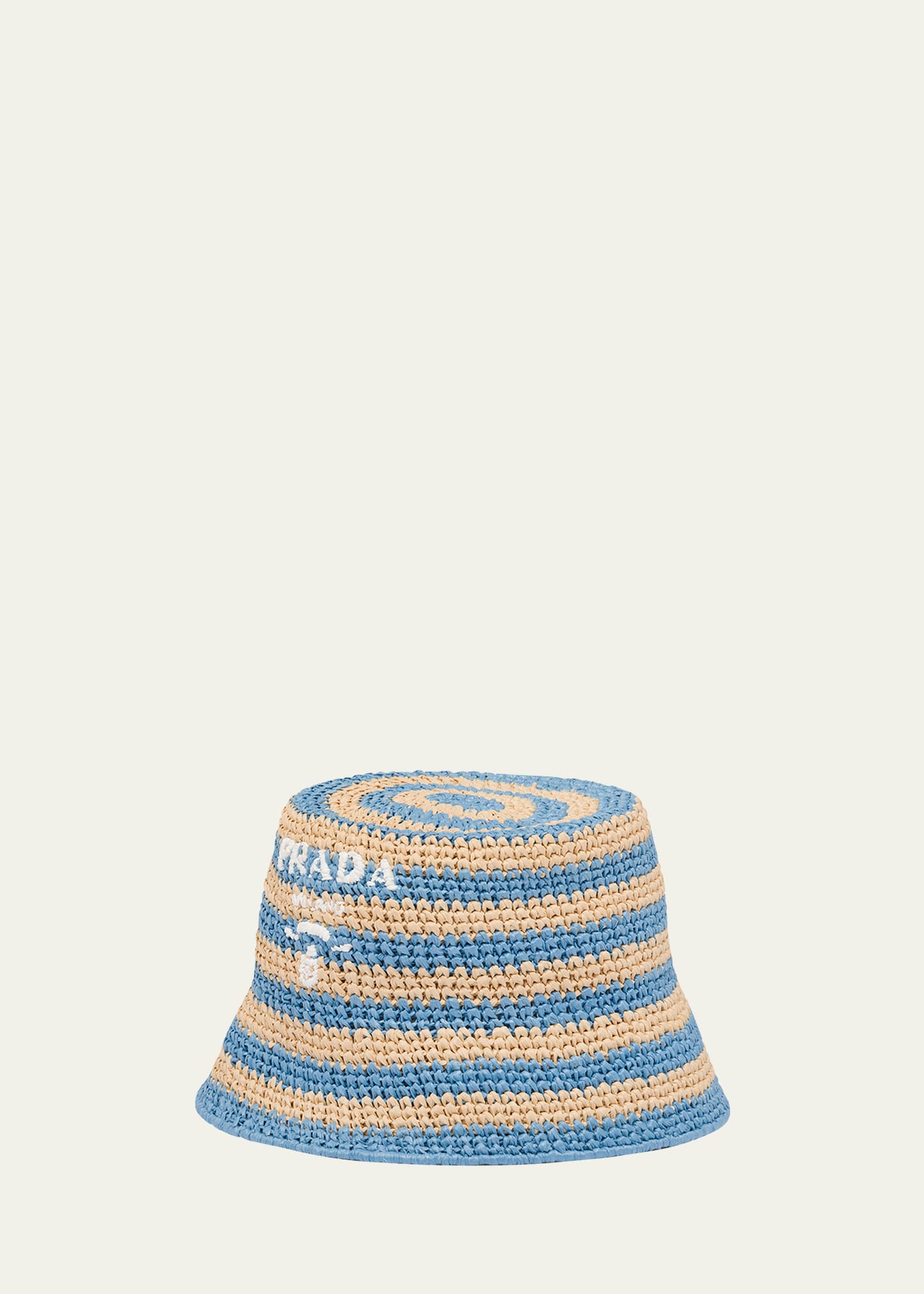 PRADA LOGO STRIPED RAFFIA BUCKET HAT