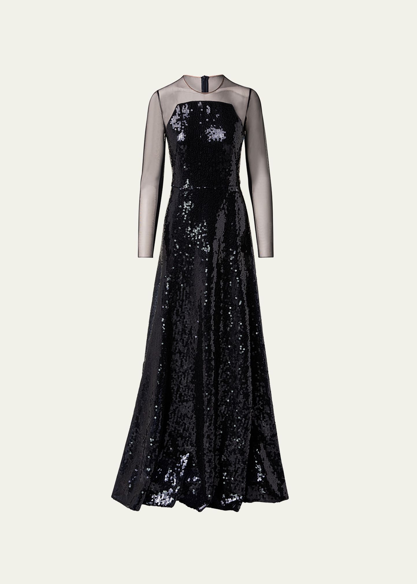 AKRIS SEQUIN LONG-SLEEVE ILLUSION GOWN